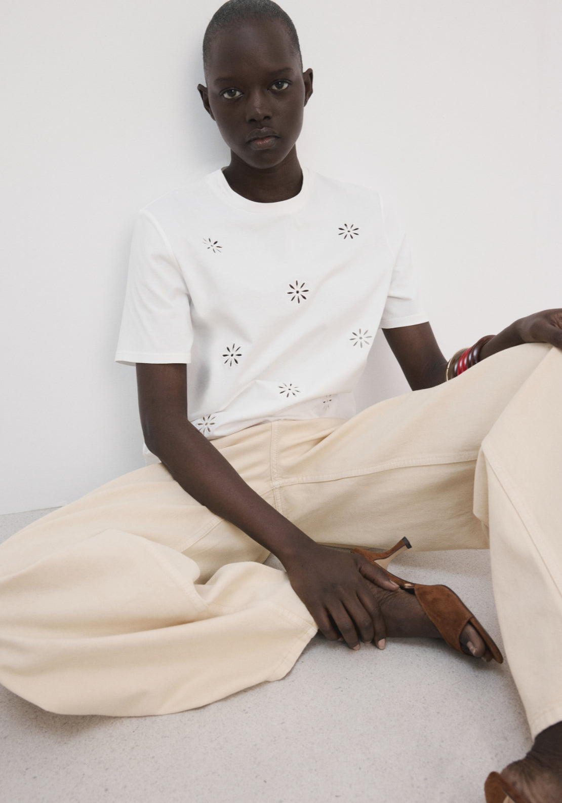 Embroidered Cutwork Cotton T-Shirt - White