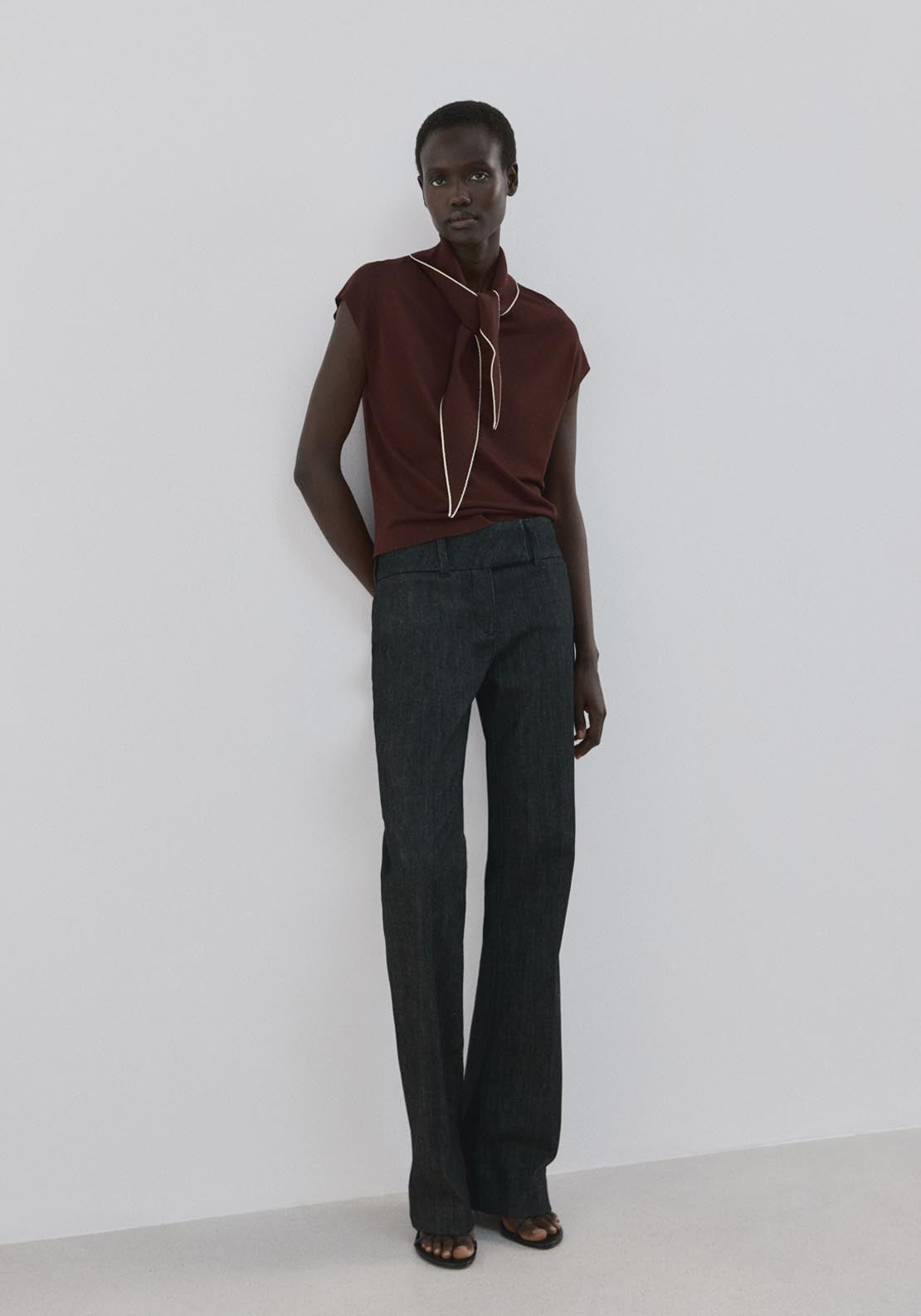 Knit Blouse With Scarf Detail - Brown