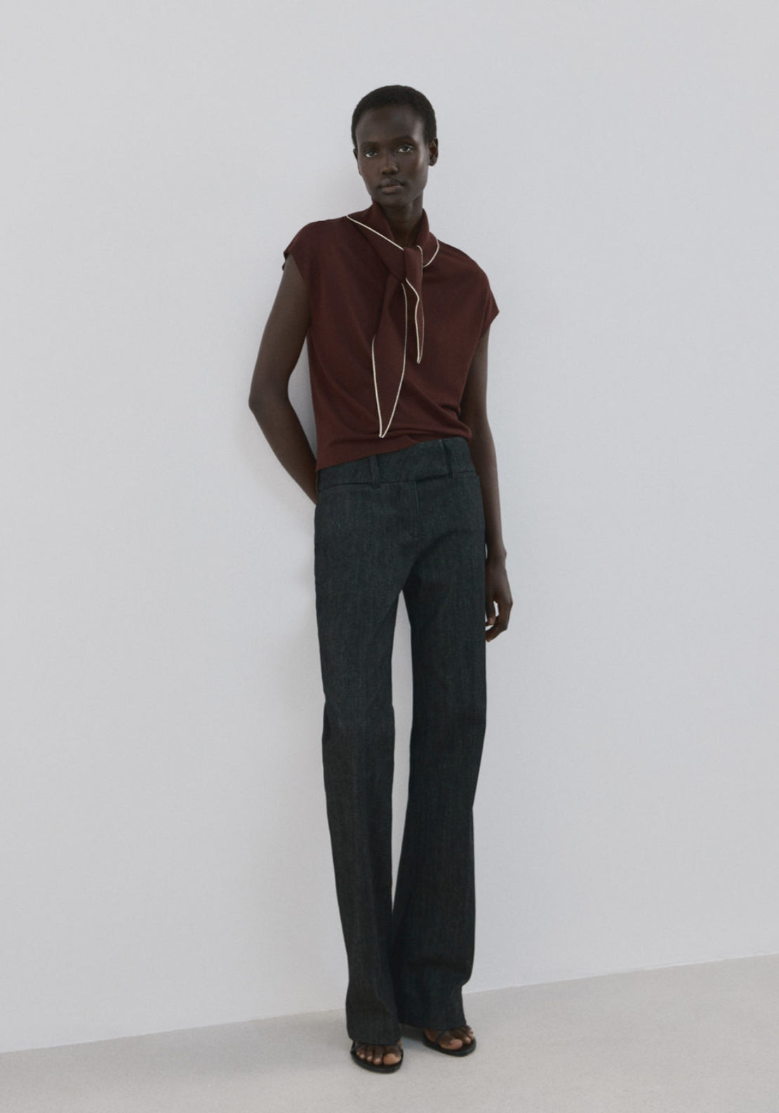 Knit Top With Scarf Detail - Brown