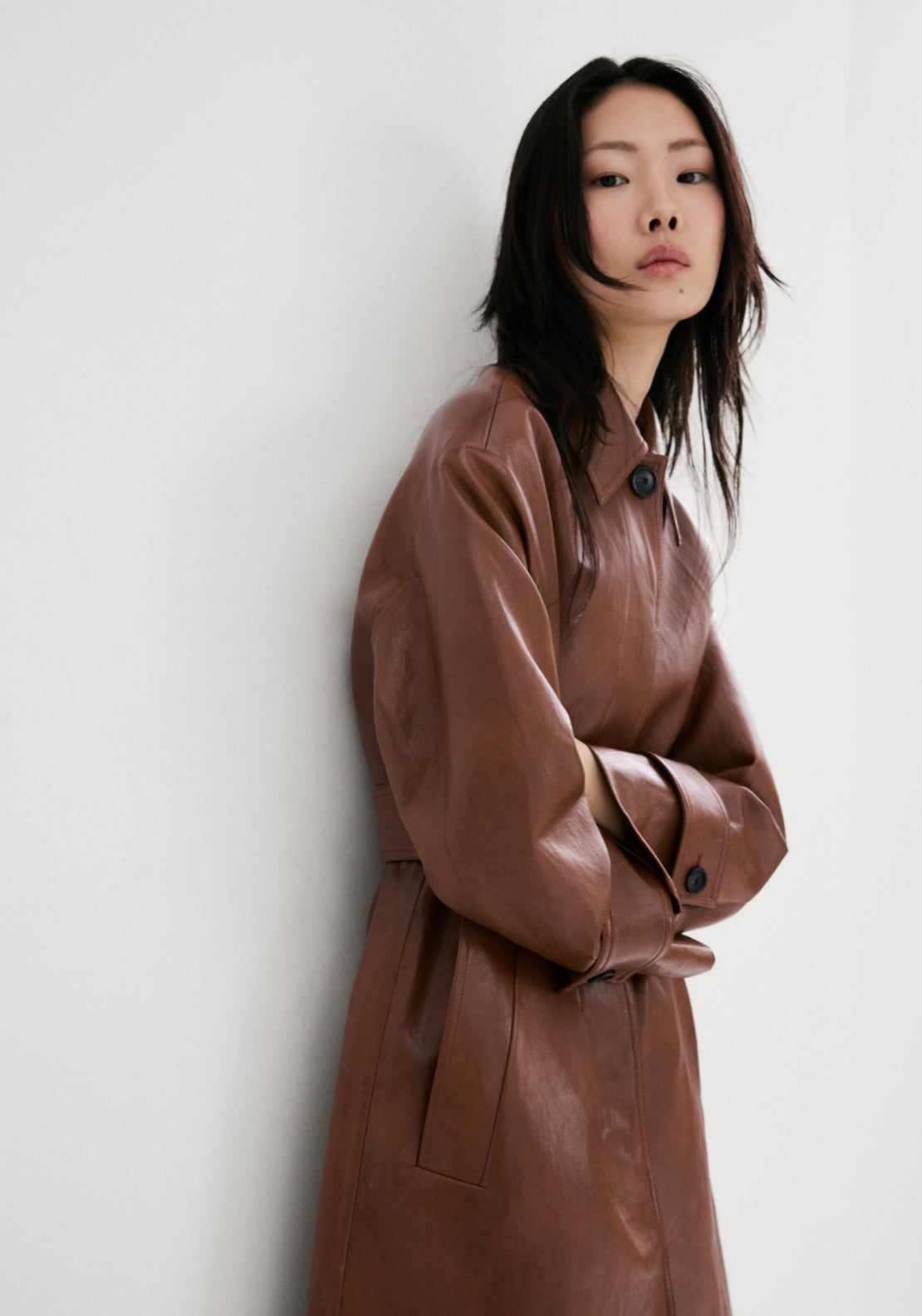 Long Faux Leather Trench Coat With Belt - Brown