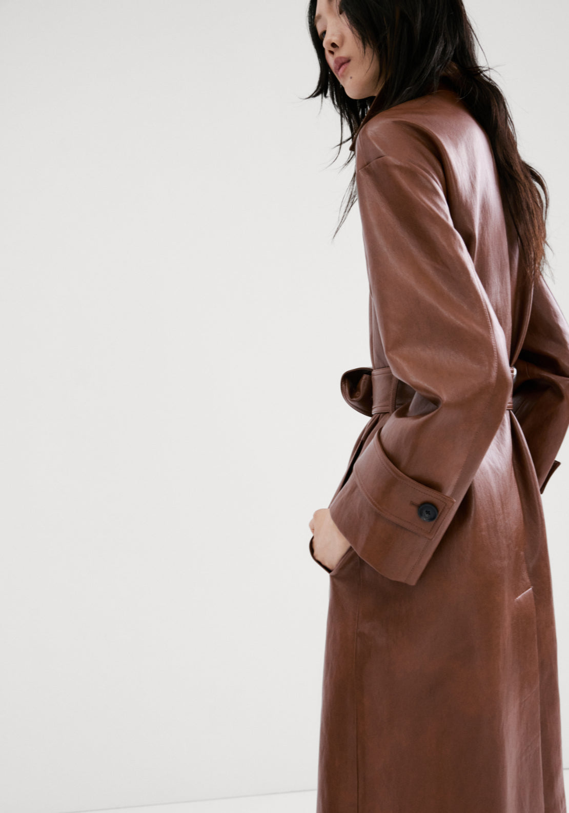 Long Faux Leather Trench Coat With Belt - Brown