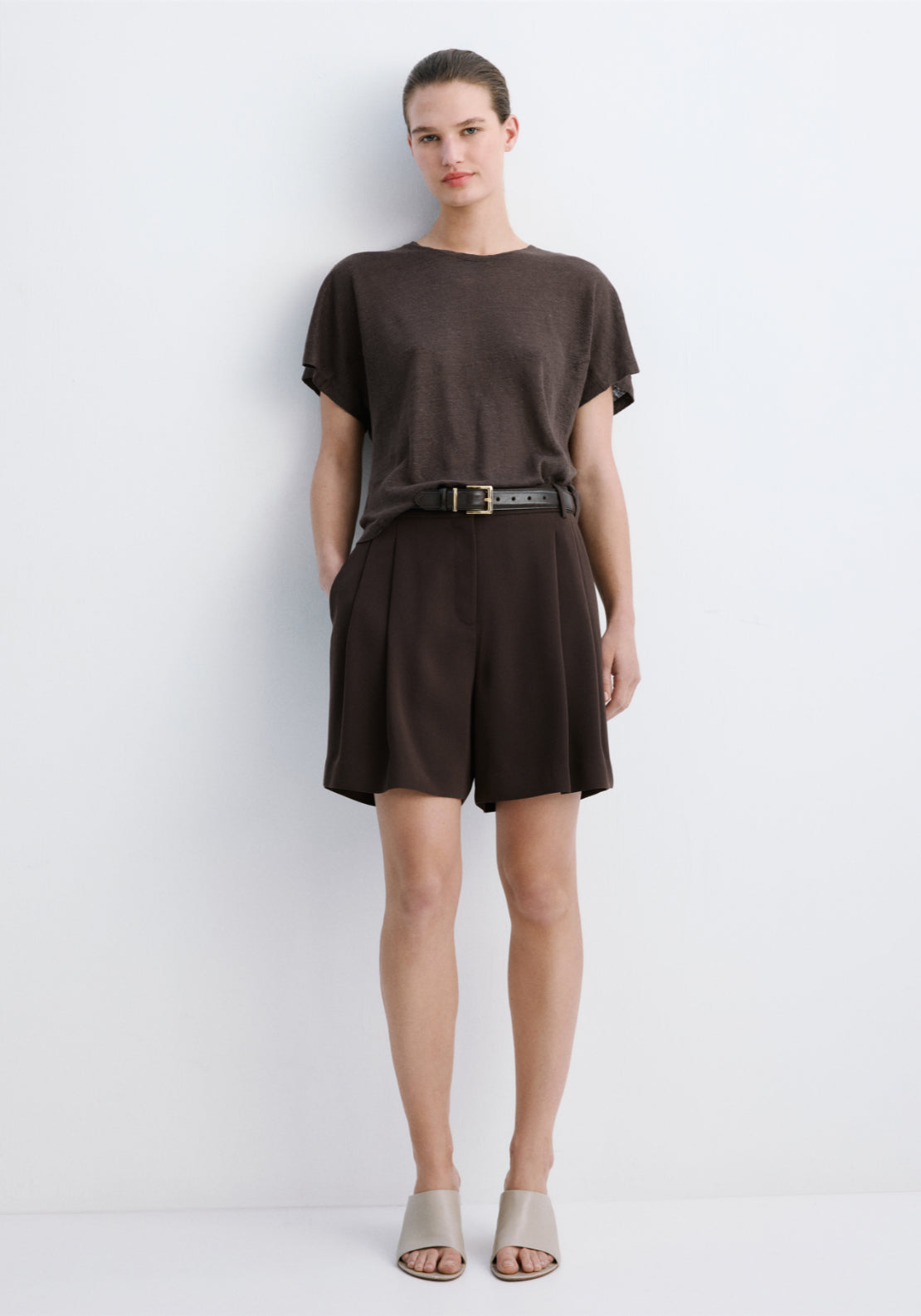 Mango Short Sleeved Linen T-Shirt - Brown 4 Shaws Department Stores