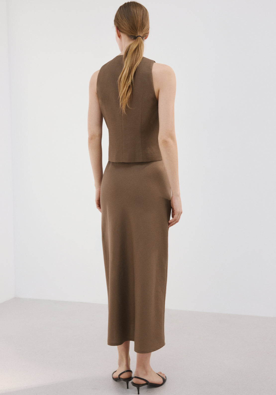 Linen Blend Straight Skirt - Brown