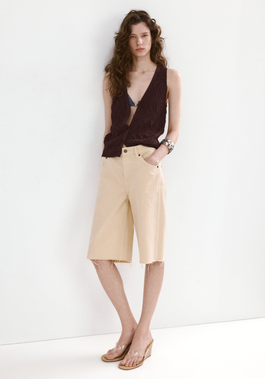 Openwork Knit V-Neck Gilet - Brown