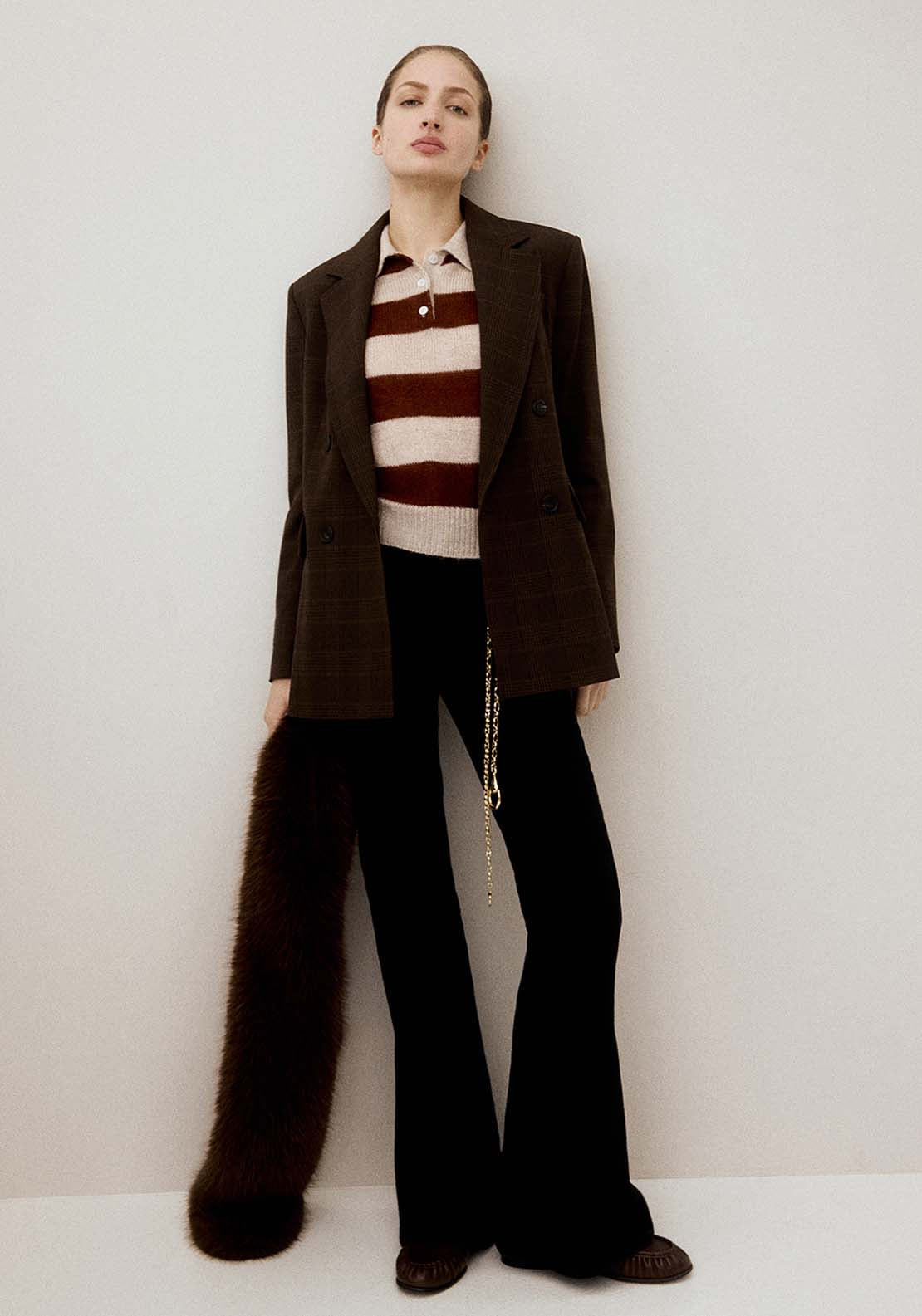 Striped Polo Neck Sweater - Brown