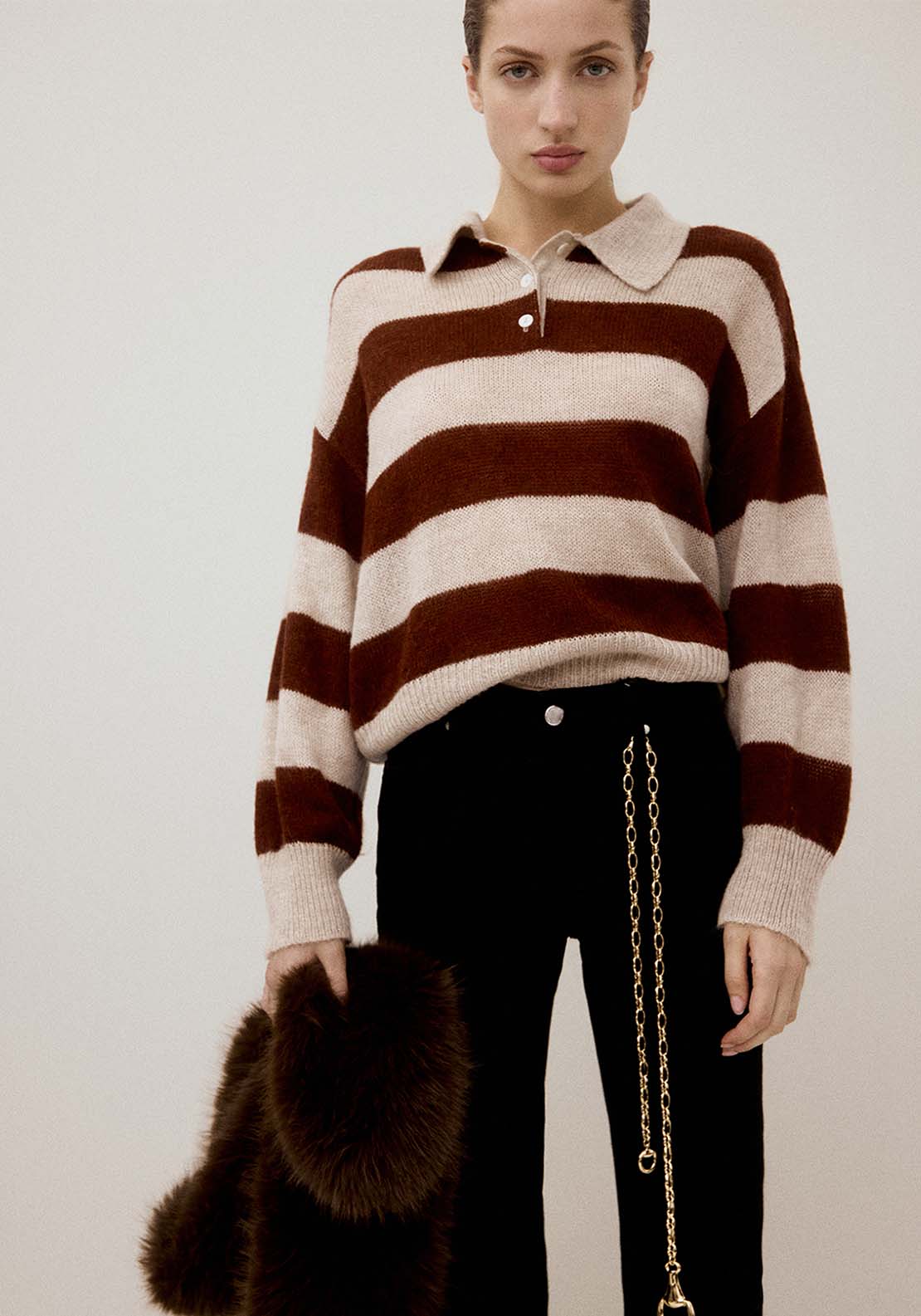 Striped Polo Neck Sweater - Brown