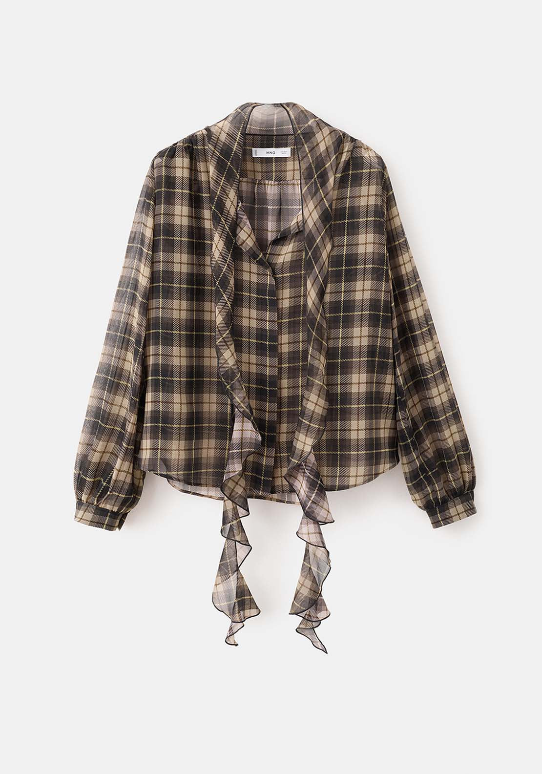Blouse With Check Pattern & Foulard Collar - Brown