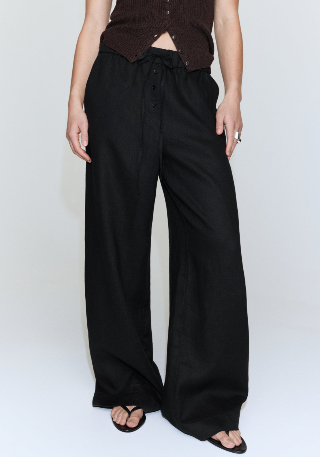 Linen Trousers With Buttons - Black