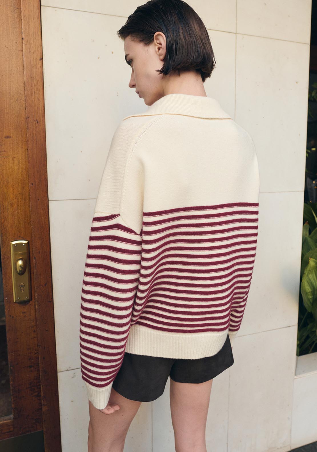 Striped Polo Neck Sweater - Cream