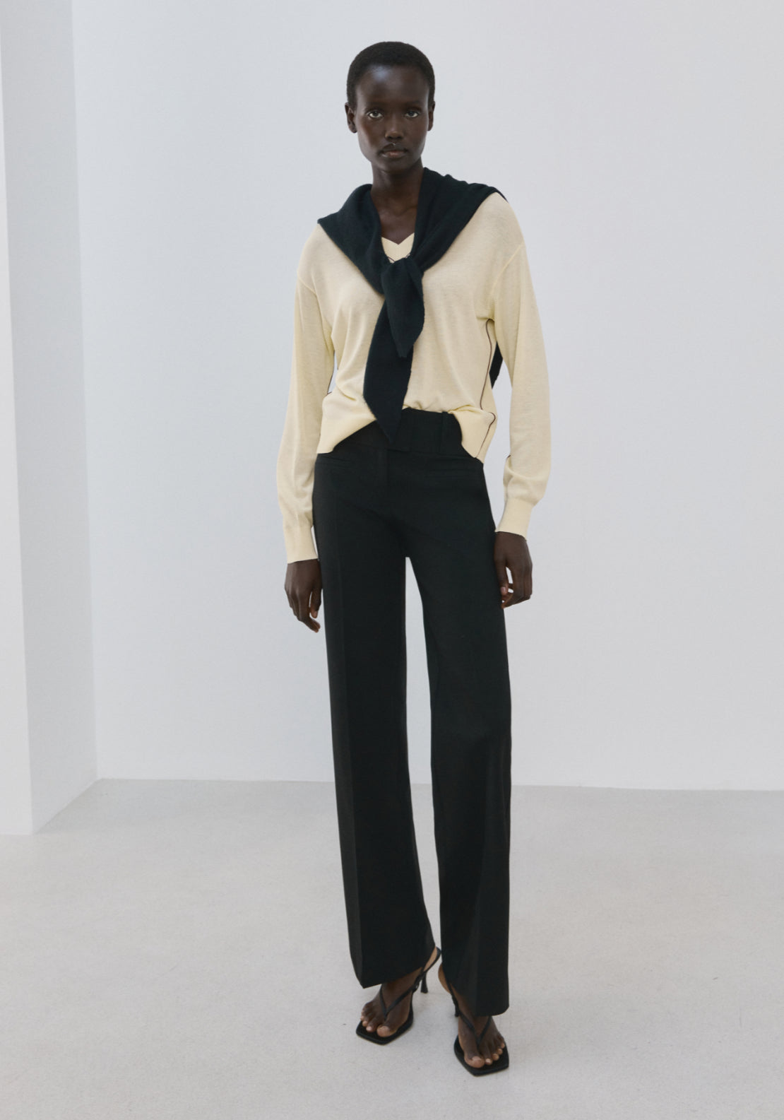 V-Neck Sweater With Contrast Trim - Light Yellow