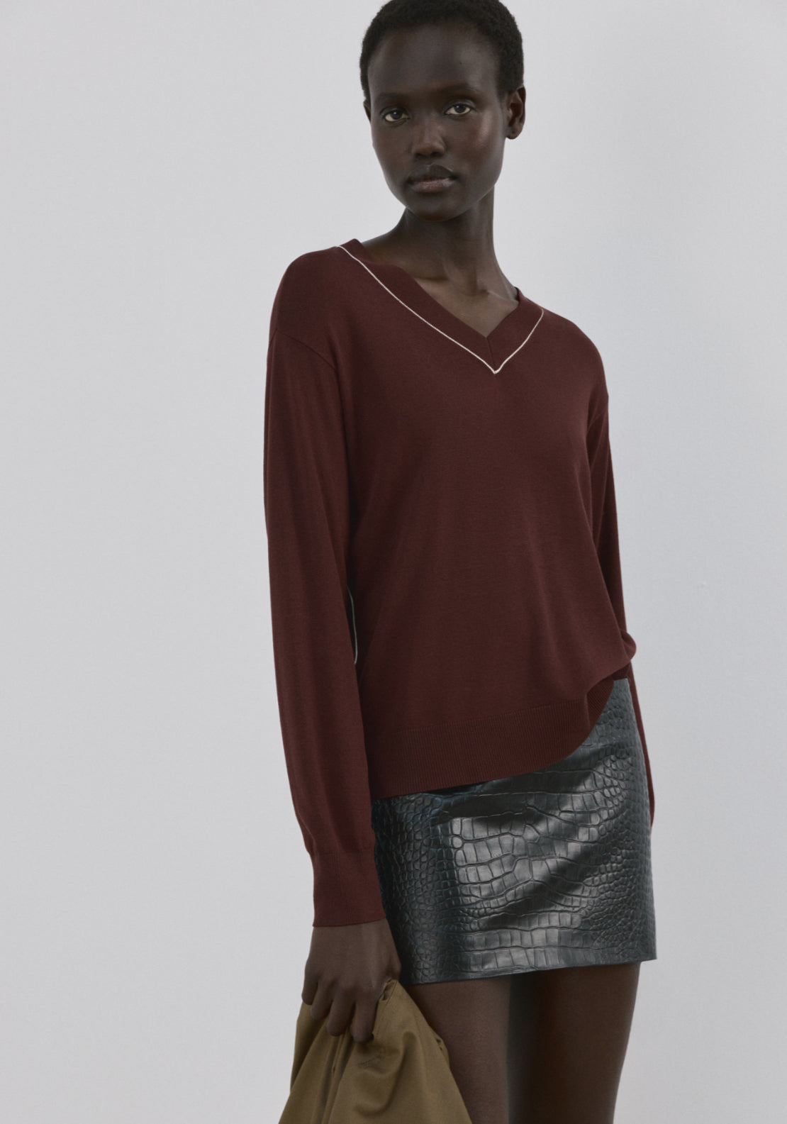 V-Neck Sweater With Contrast Trim - Brown