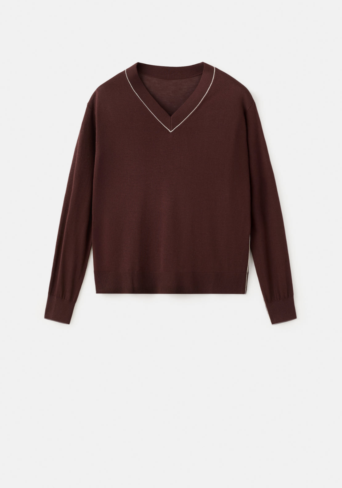 V-Neck Sweater With Contrast Trim - Brown