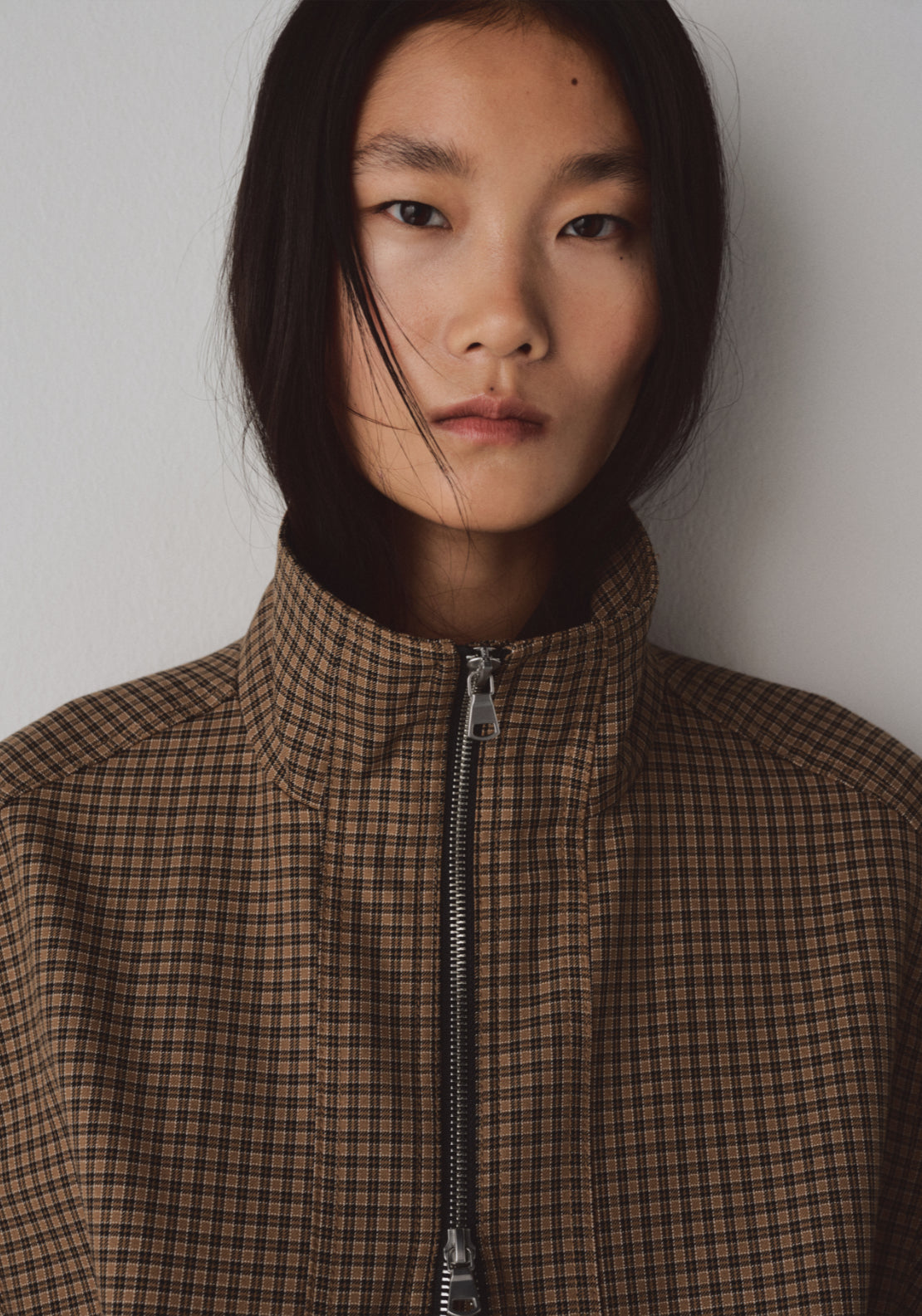 Houndstooth Jacket With High Collar - Brown