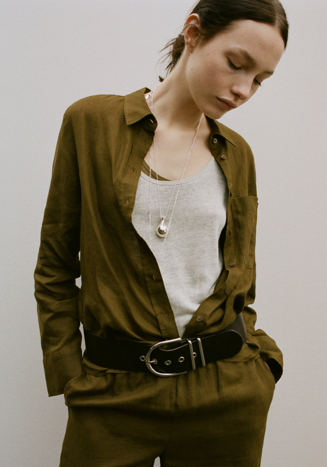 Pocket Linen Straight Shirt - Green
