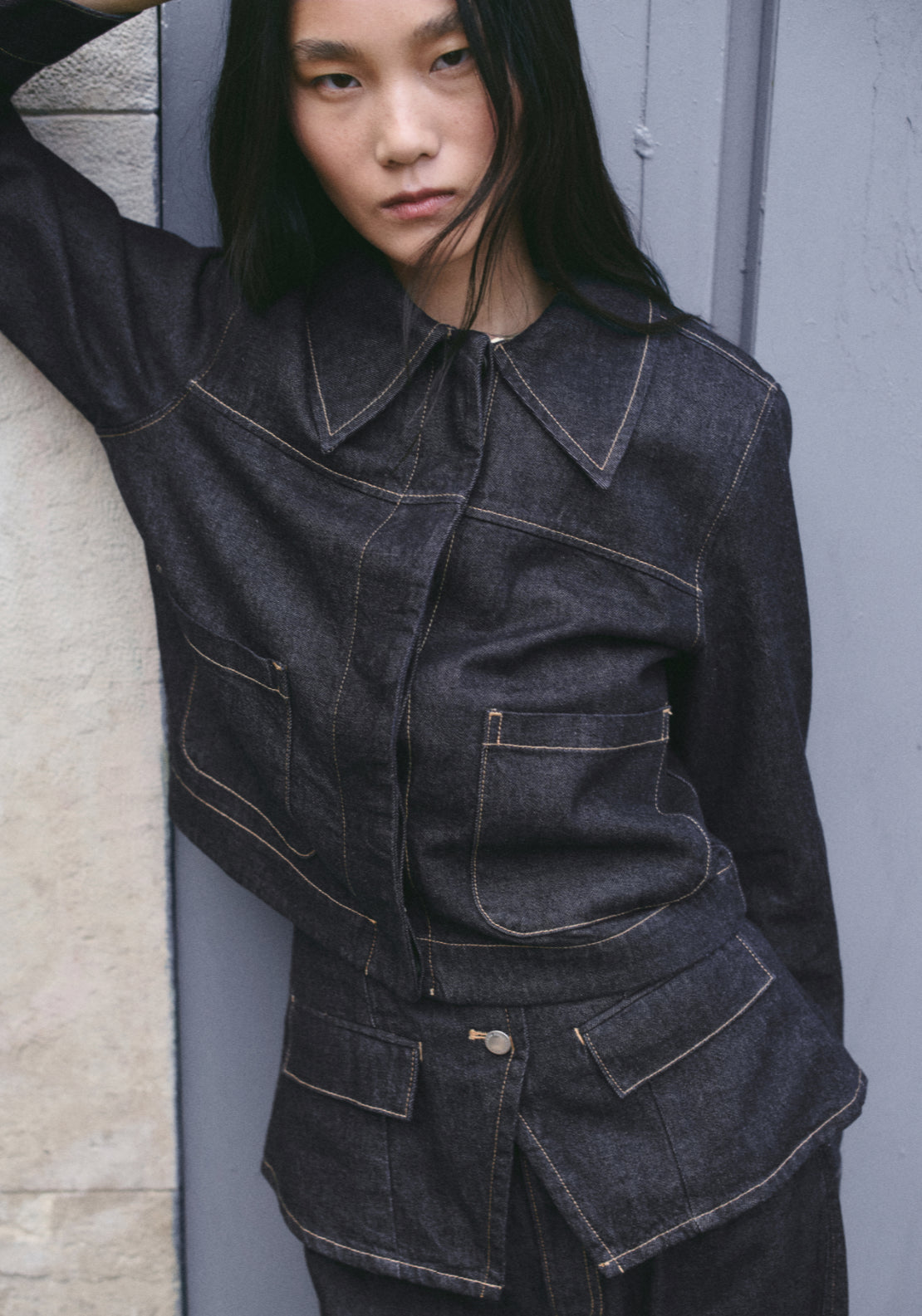Collared Denim Jacket With Pockets - Blue