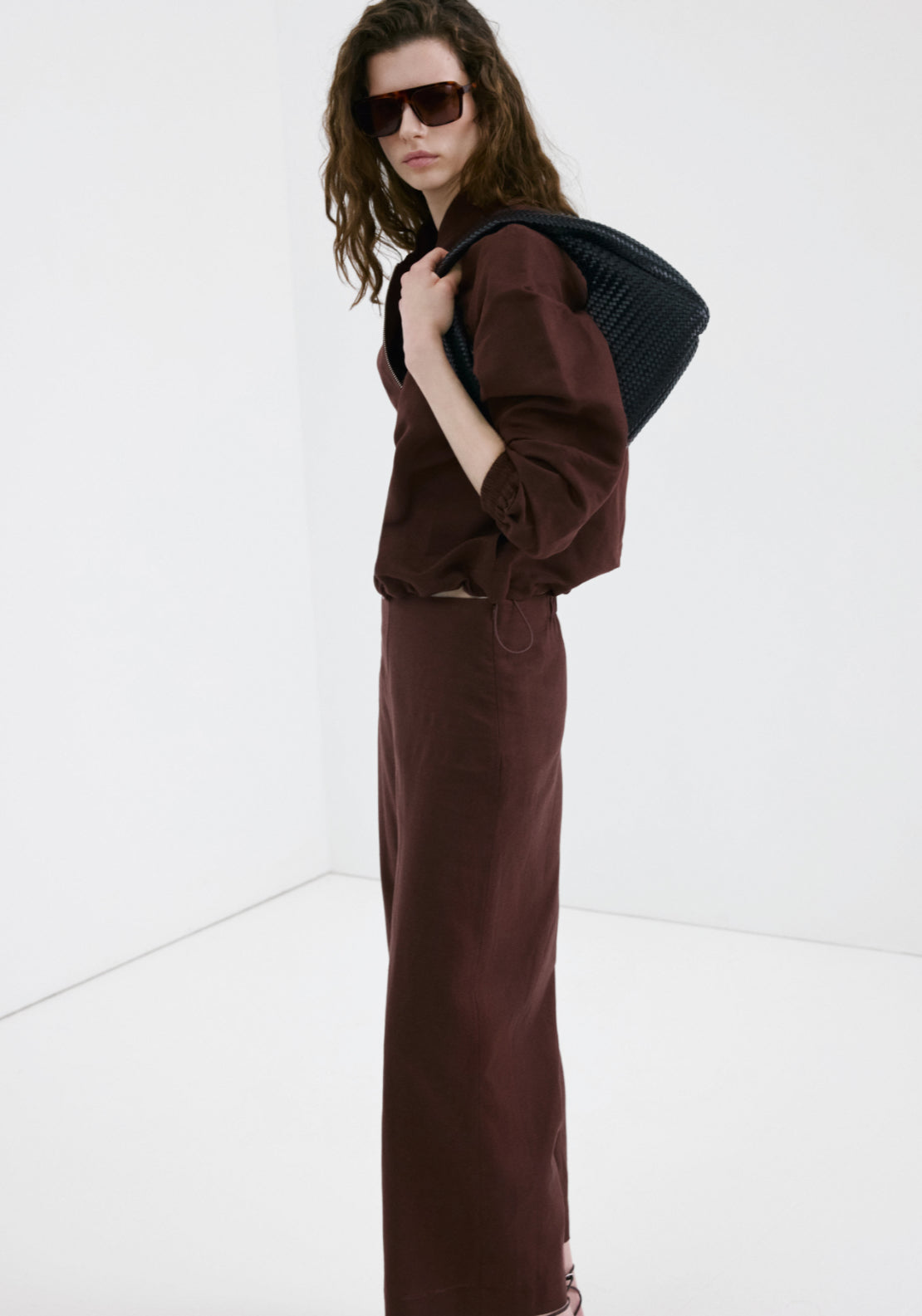 Straight Linen Blend Trousers - Brown