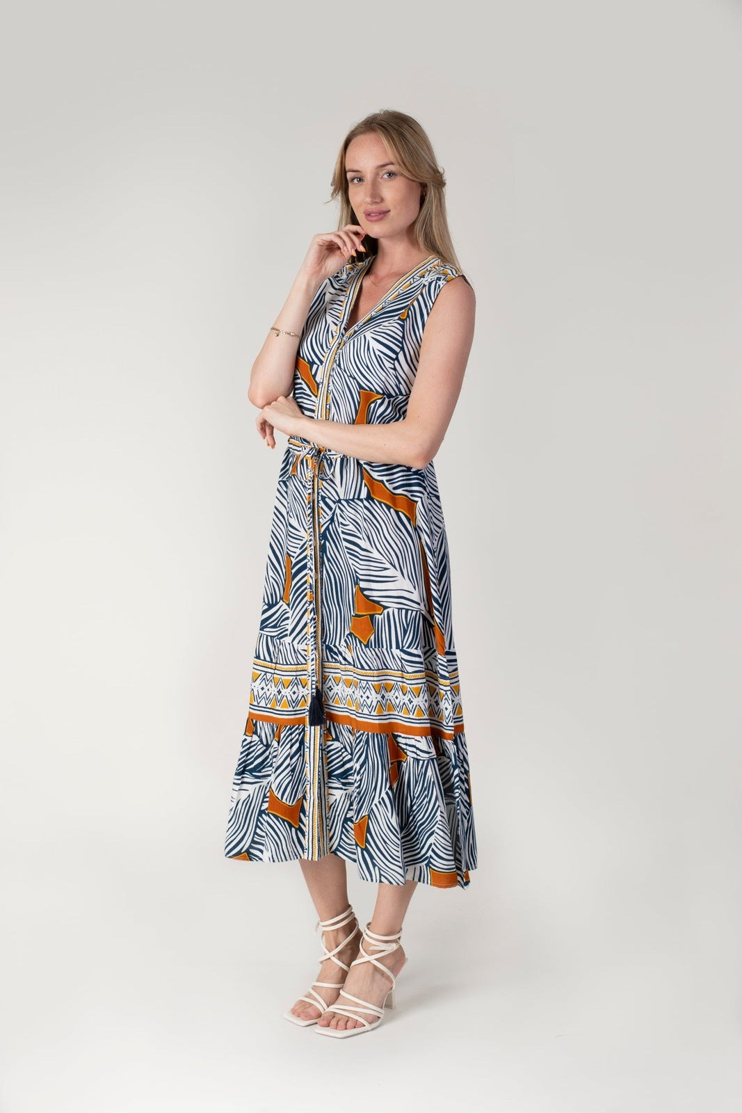 Tea Lane Bold Abstract Dress - Navy & Orange 1 Shaws Department Stores