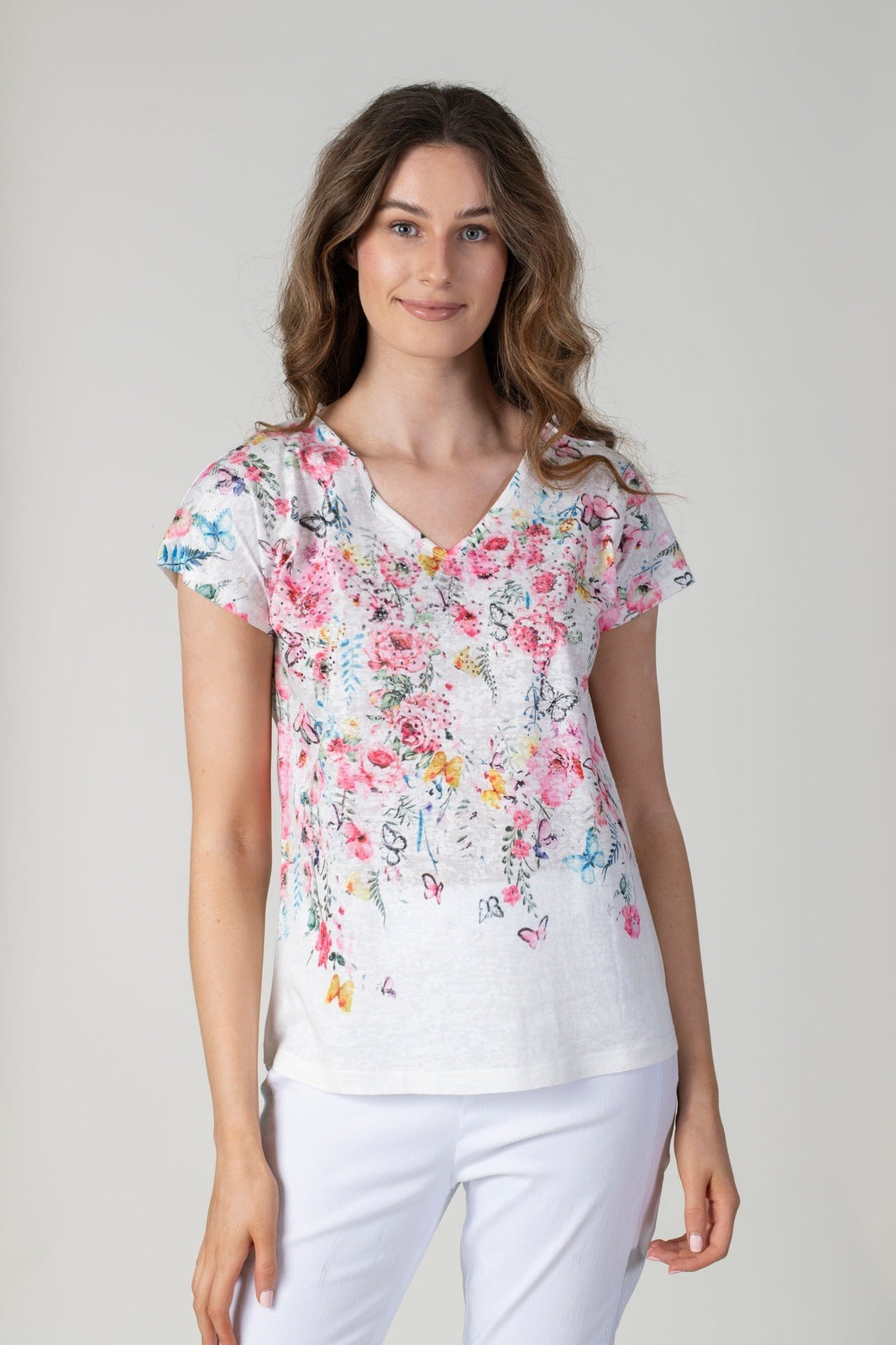 Tea Lane V Neck Floral T-Shirt - Pink 1 Shaws Department Stores