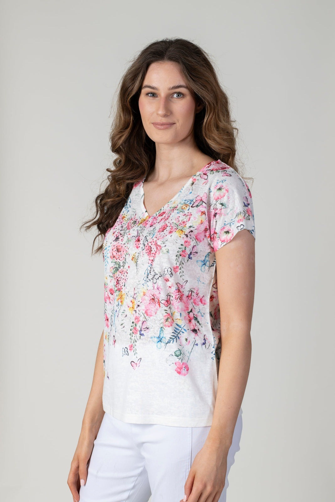 Tea Lane V Neck Floral T-Shirt - Pink 2 Shaws Department Stores