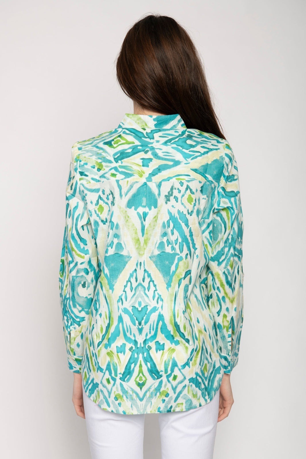Tea Lane Printed Blouse Sleeve Tabs - Blue 3 Shaws Department Stores