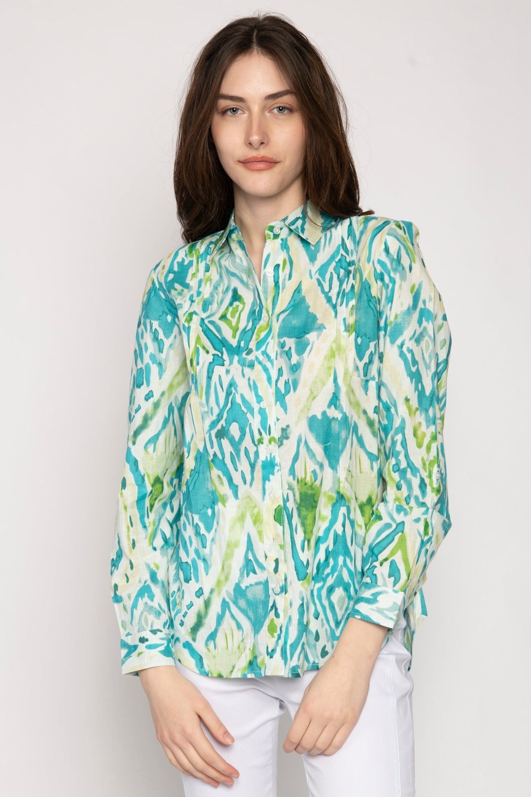 Tea Lane Printed Blouse Sleeve Tabs - Blue 1 Shaws Department Stores