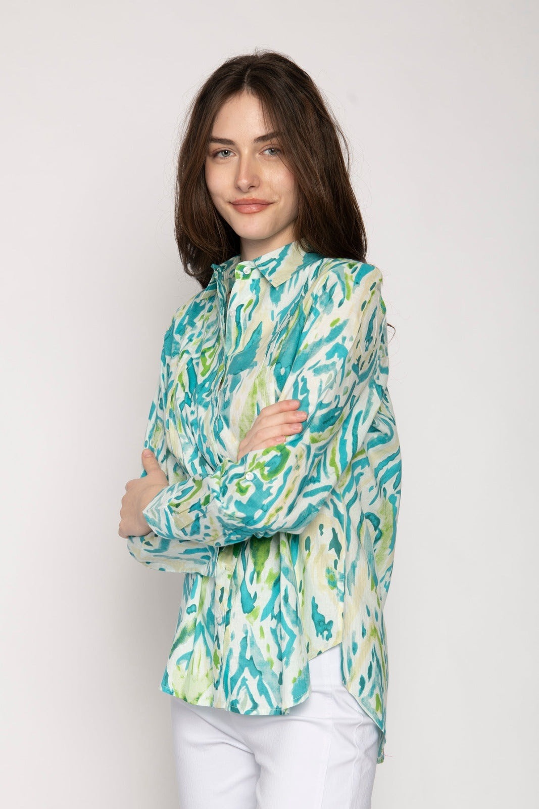 Tea Lane Printed Blouse Sleeve Tabs - Blue 2 Shaws Department Stores
