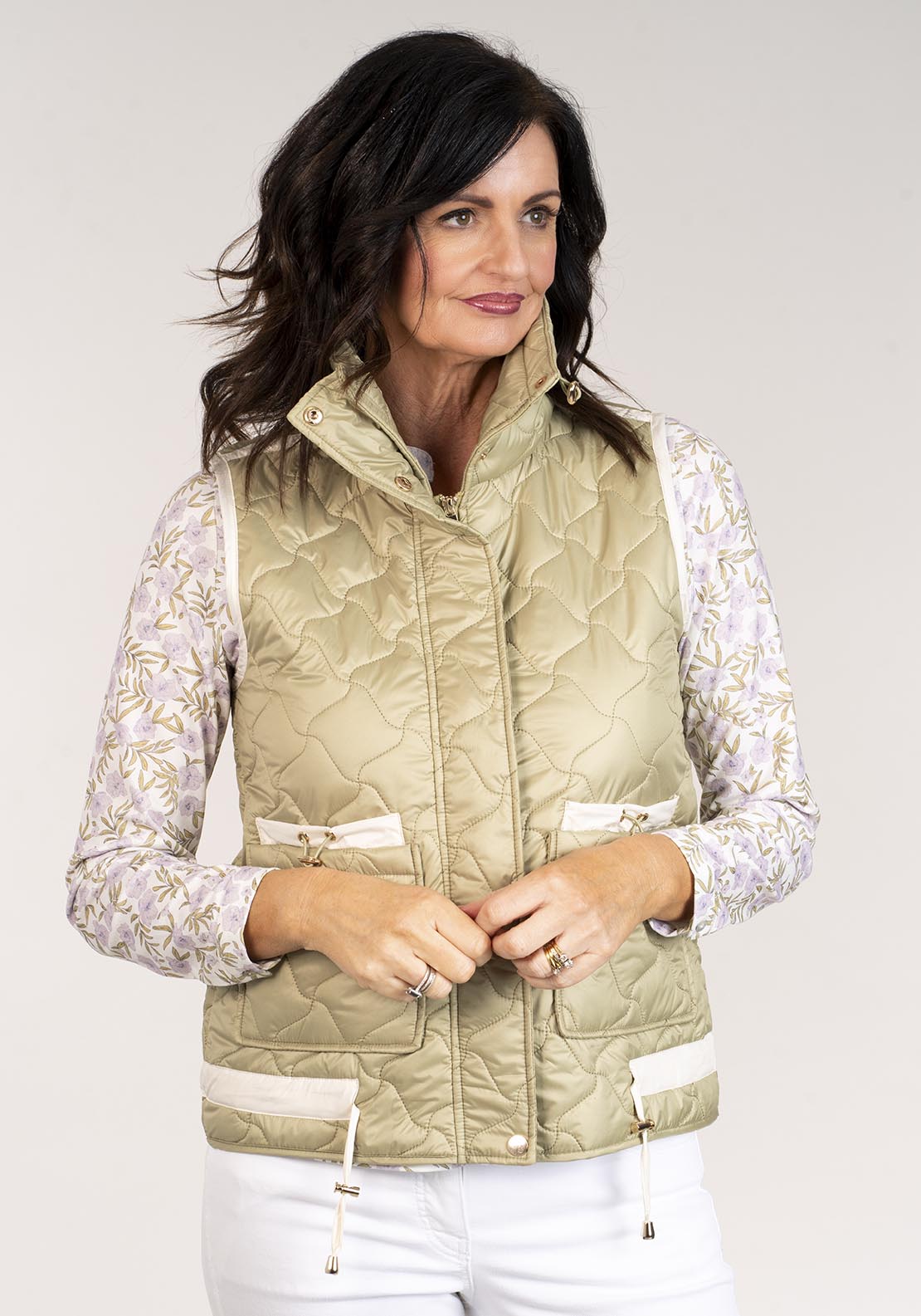 Tea Lane Plain Short Gilet - Green 1 Shaws Department Stores