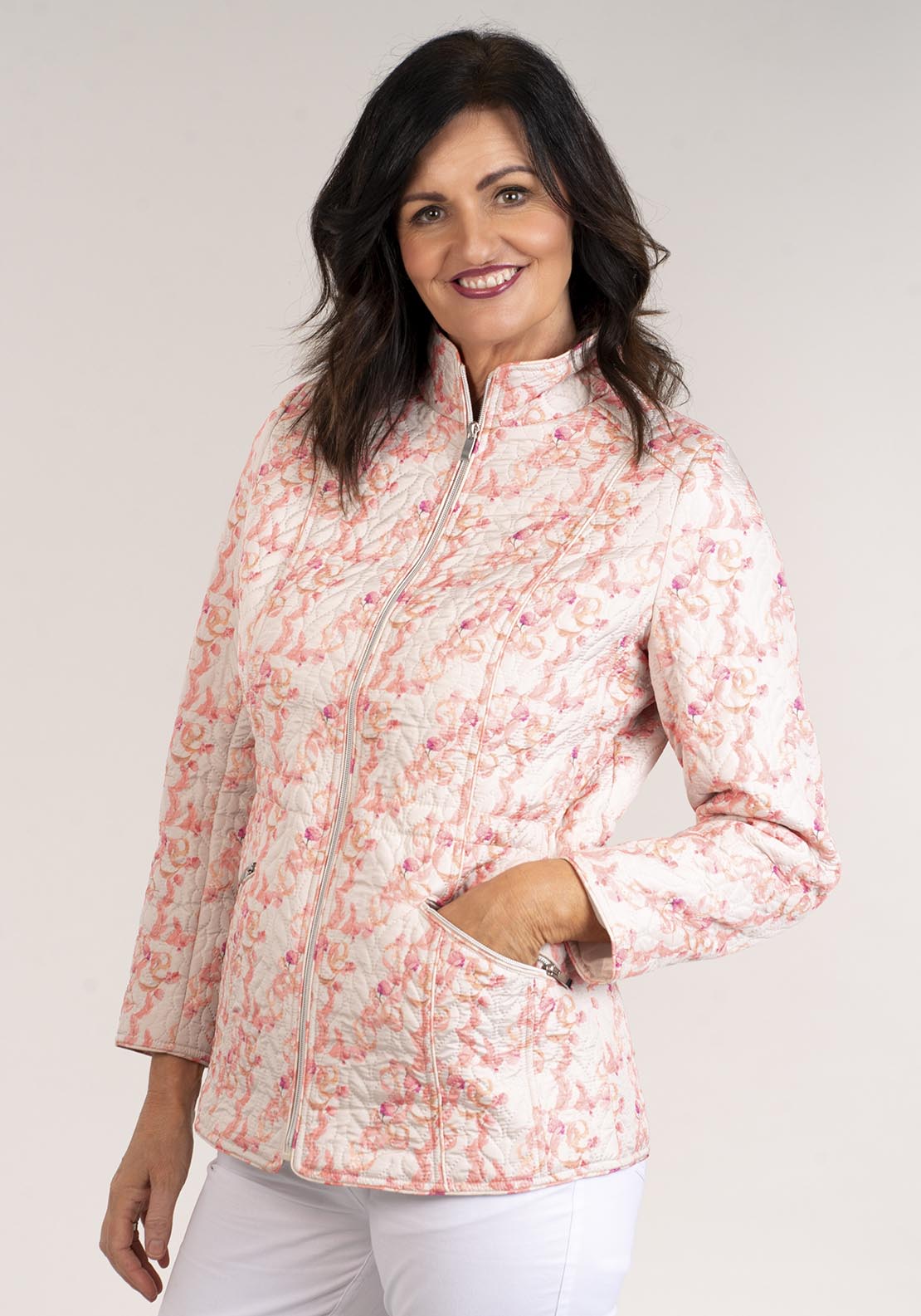 Tea Lane Printed Jacket W Waist Channel - Coral 1 Shaws Department Stores