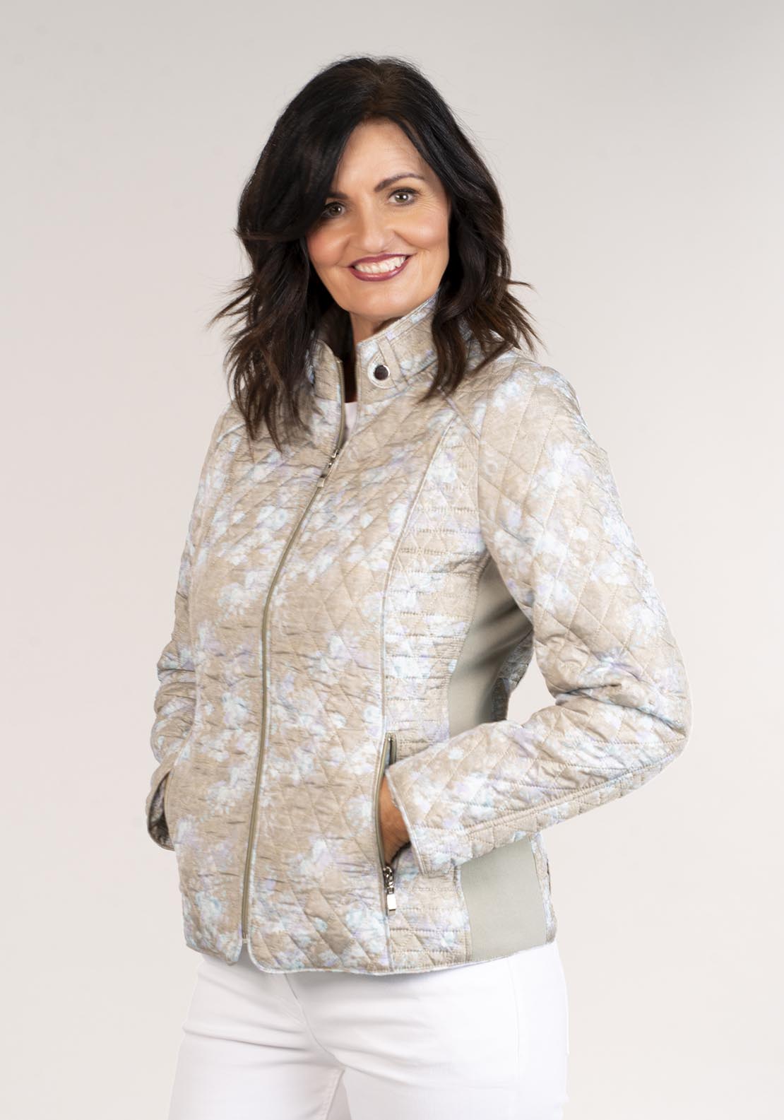 Tea Lane Short Printed Quilted Jacket - Green 1 Shaws Department Stores