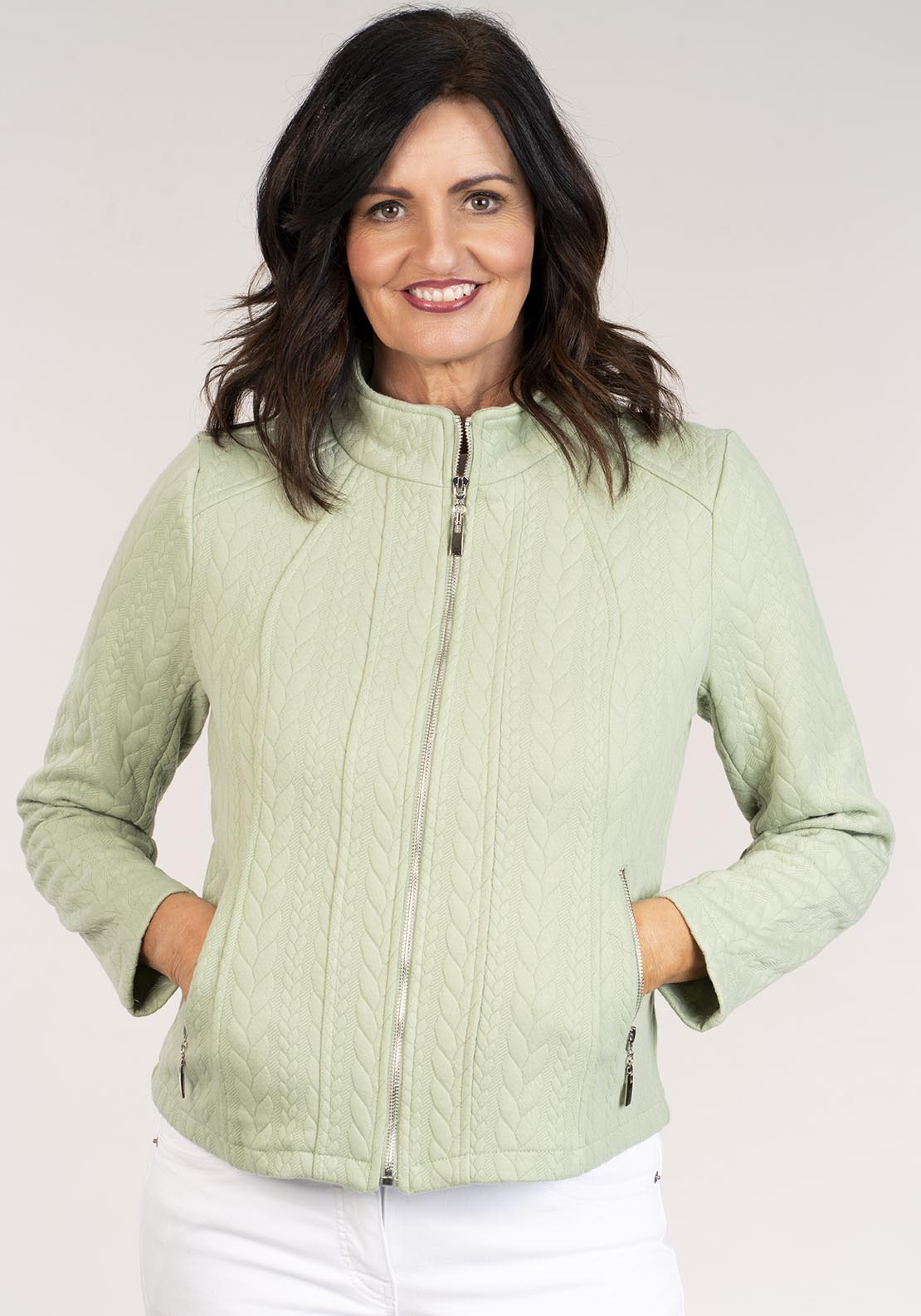 Tea Lane Jacquard Zip Jacket W Pockets - Green 1 Shaws Department Stores