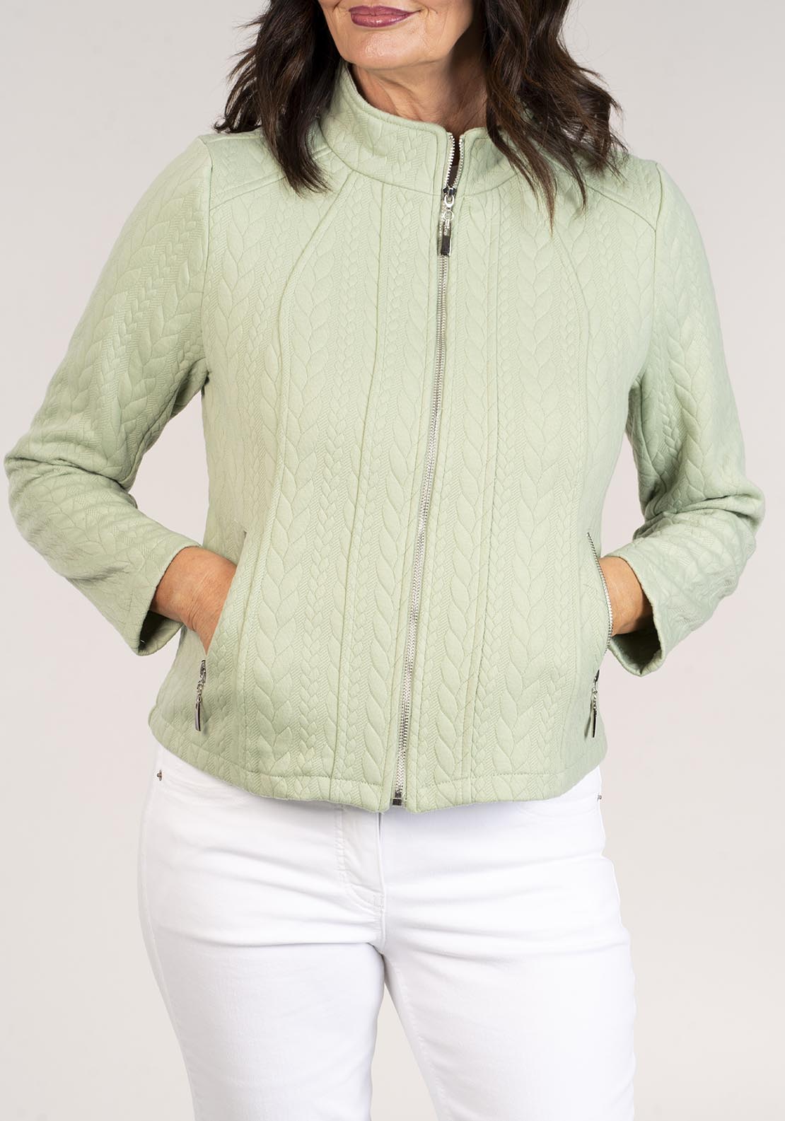Tea Lane Jacquard Zip Jacket W Pockets - Green 4 Shaws Department Stores