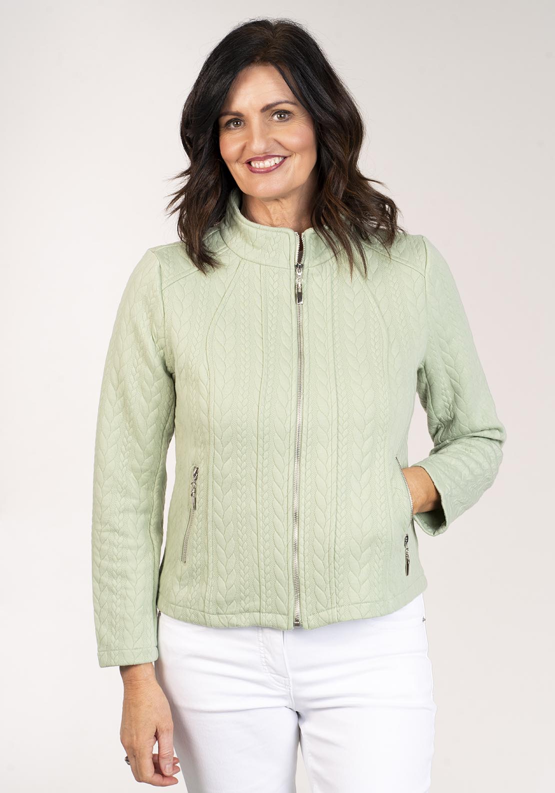 Tea Lane Jacquard Zip Jacket W Pockets - Green 3 Shaws Department Stores