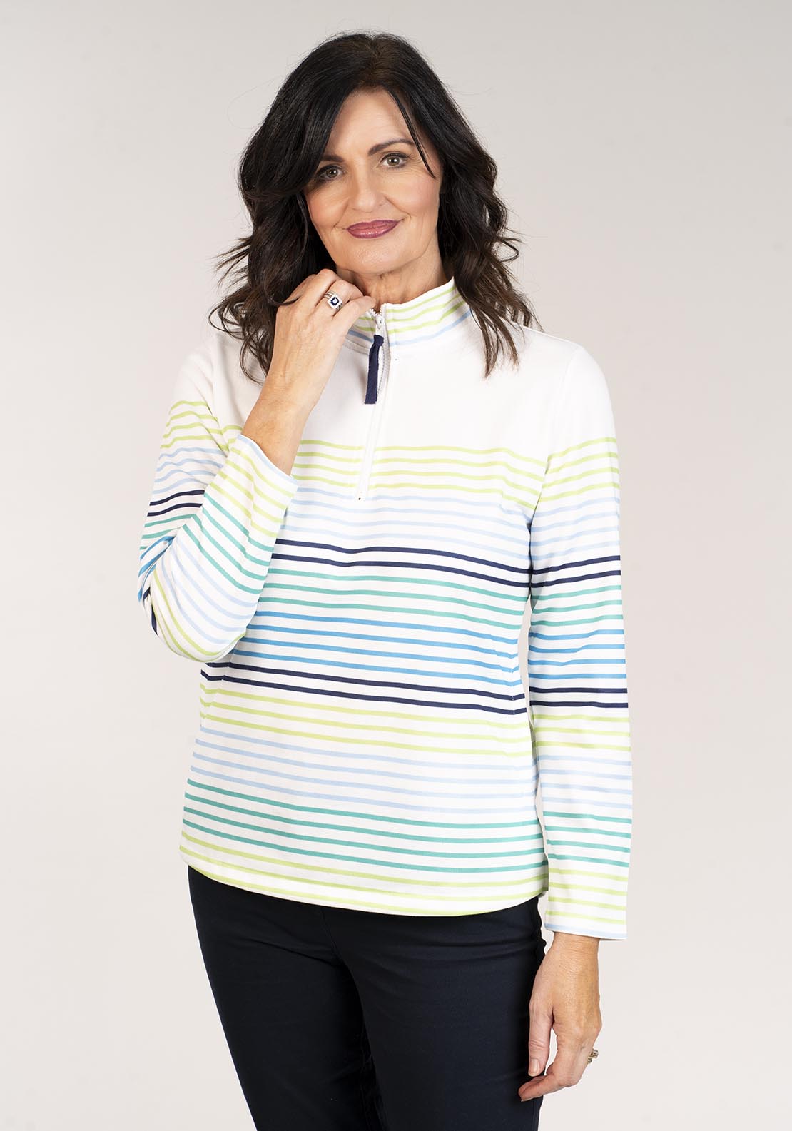 Tea Lane Striped Half Zip Top - Green 2 Shaws Department Stores