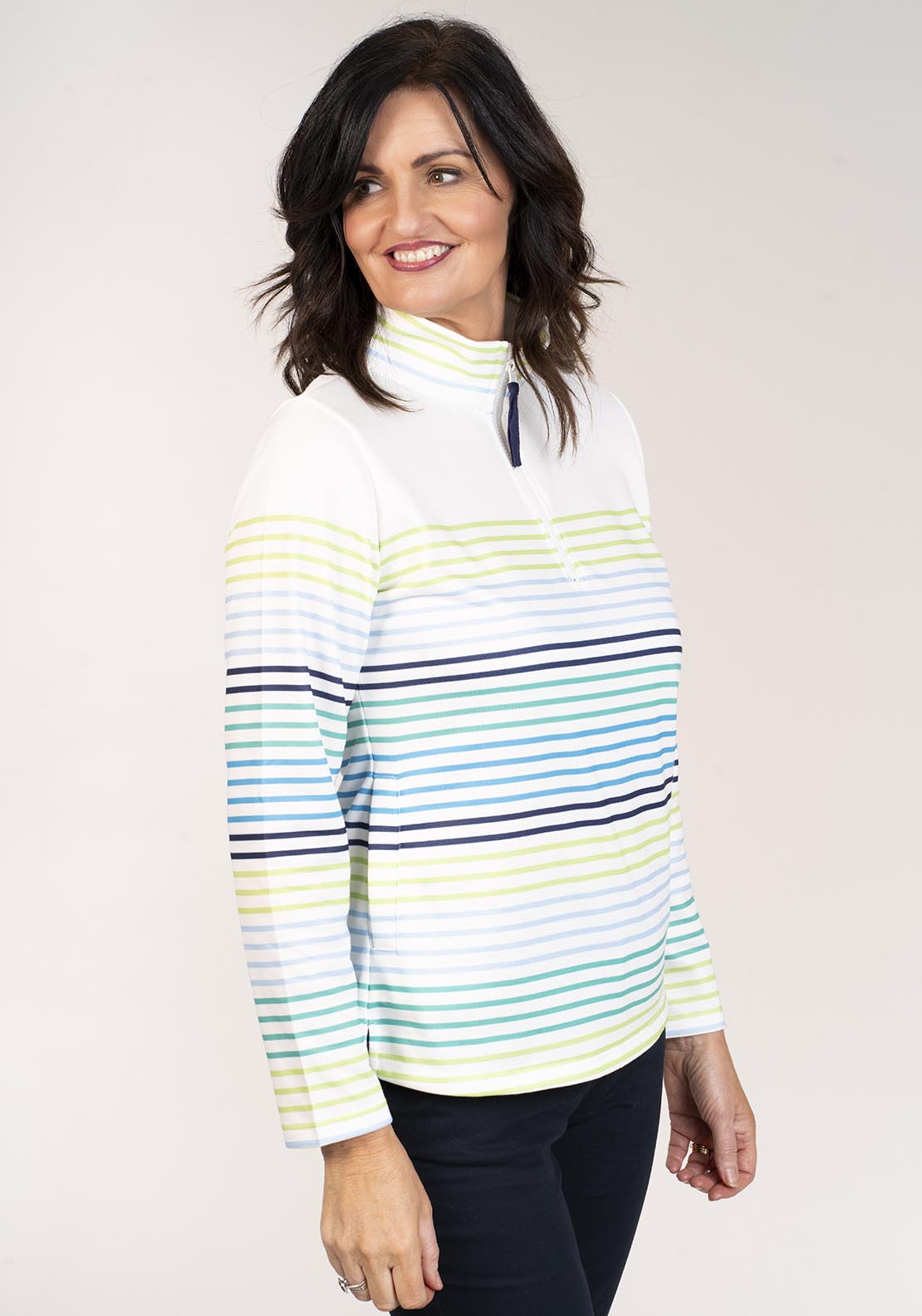 Tea Lane Striped Half Zip Top - Green 1 Shaws Department Stores