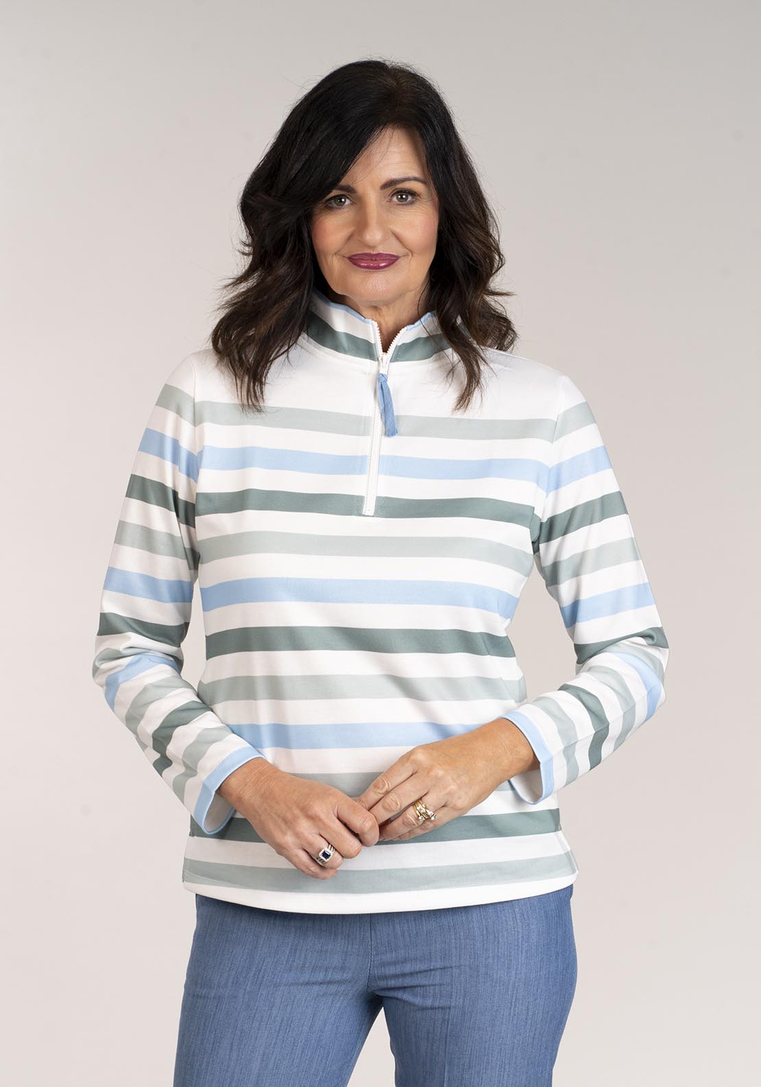Tea Lane Striped Long Sleeve Half Zip Top - Blue 1 Shaws Department Stores