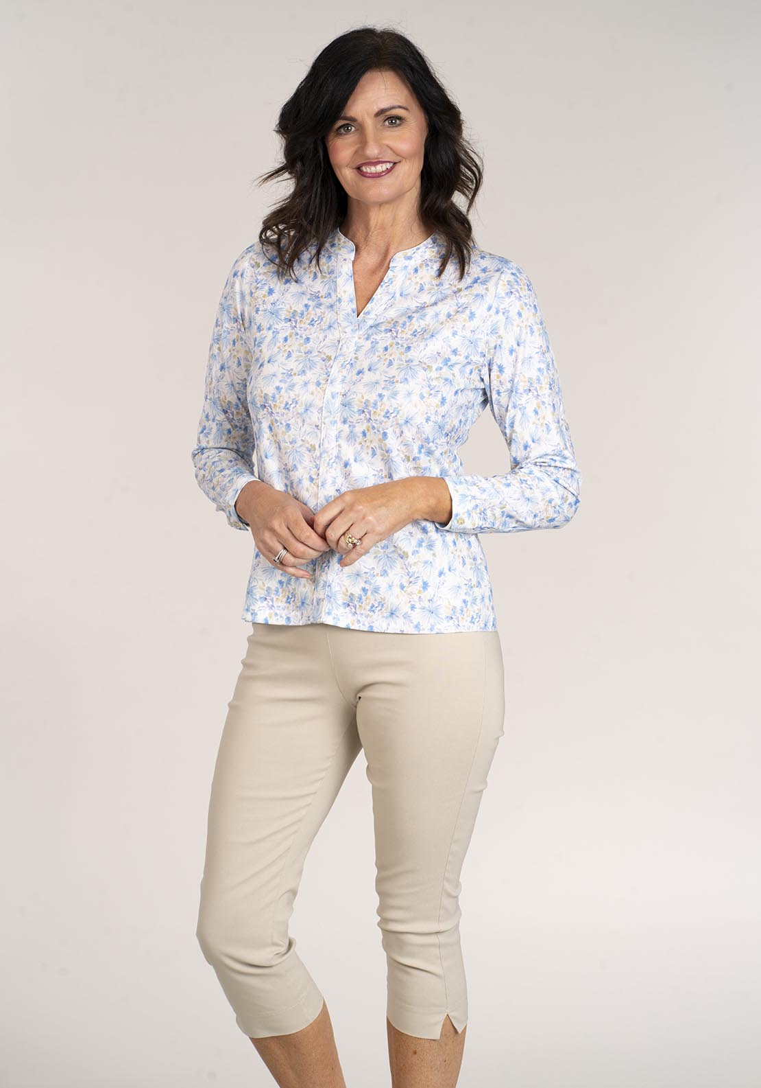 Tea Lane Long Sleeve V Neck Printed Top - Blue 1 Shaws Department Stores