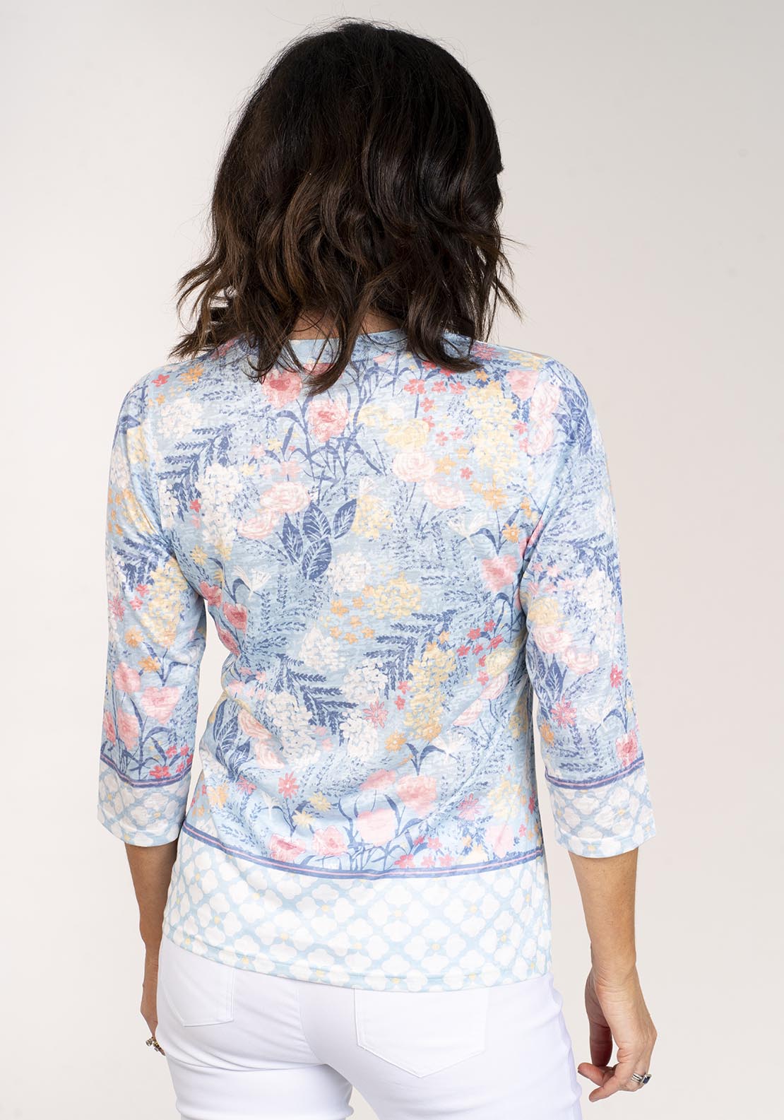 Tea Lane Long Sleeve Printed Top with Neck Buttons - Blue 4 Shaws Department Stores