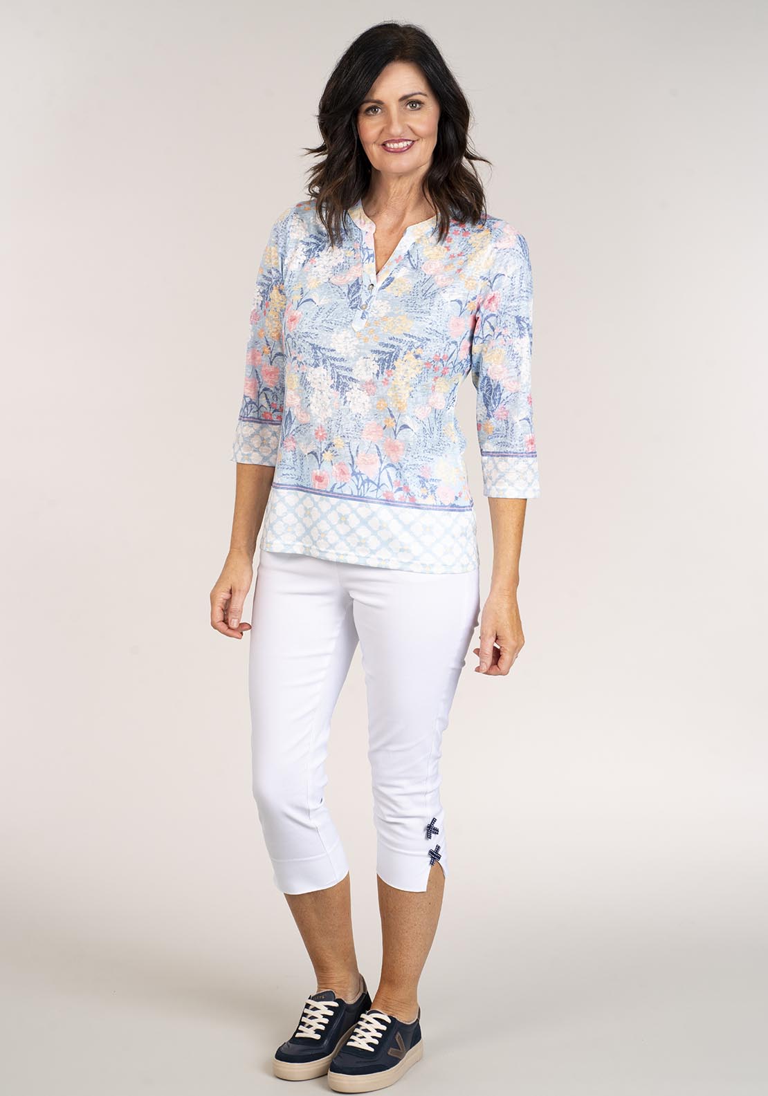 Tea Lane Long Sleeve Printed Top with Neck Buttons - Blue 3 Shaws Department Stores