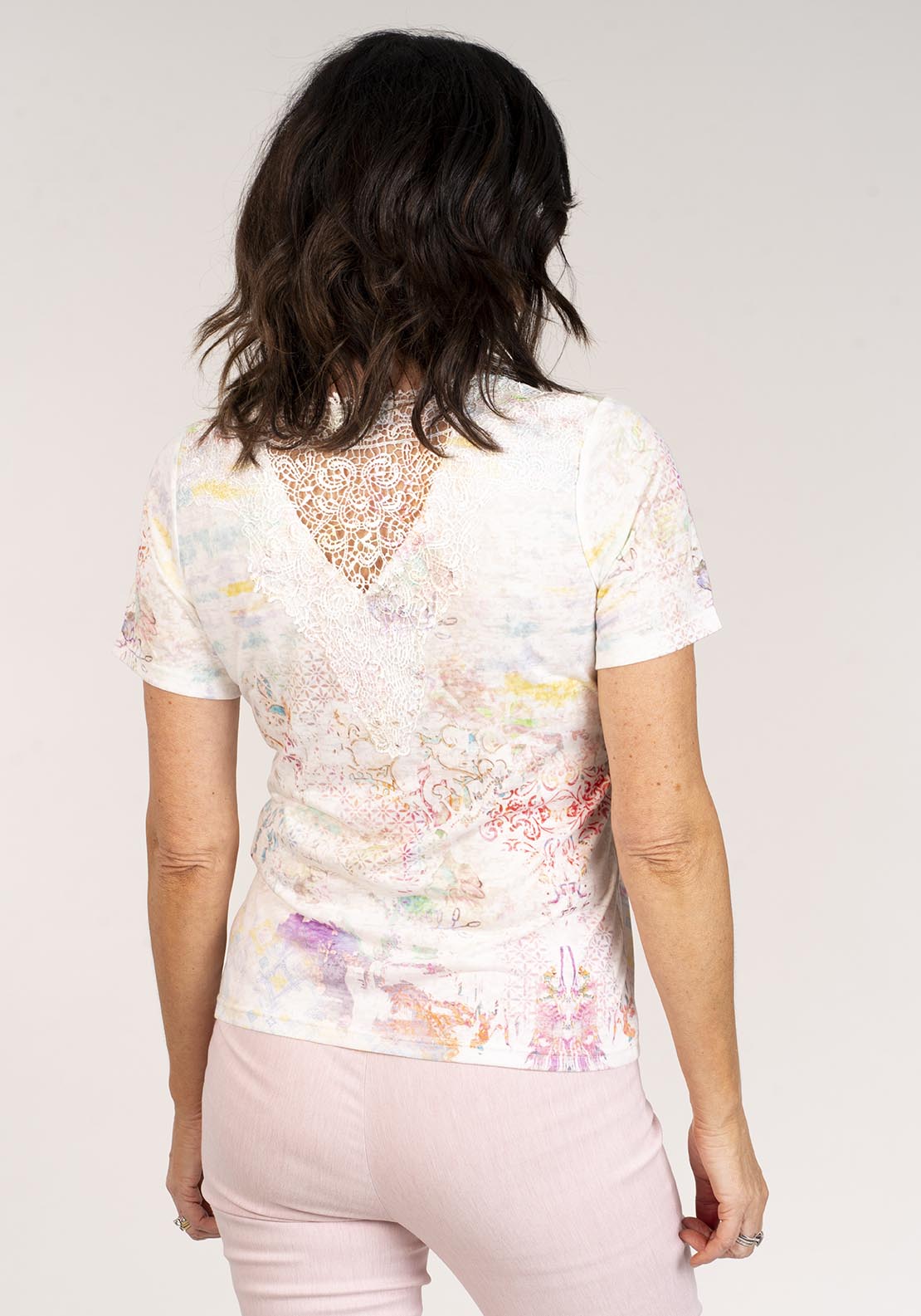 Tea Lane Short Sleeve Printed Top Lace At Back - Multi 3 Shaws Department Stores