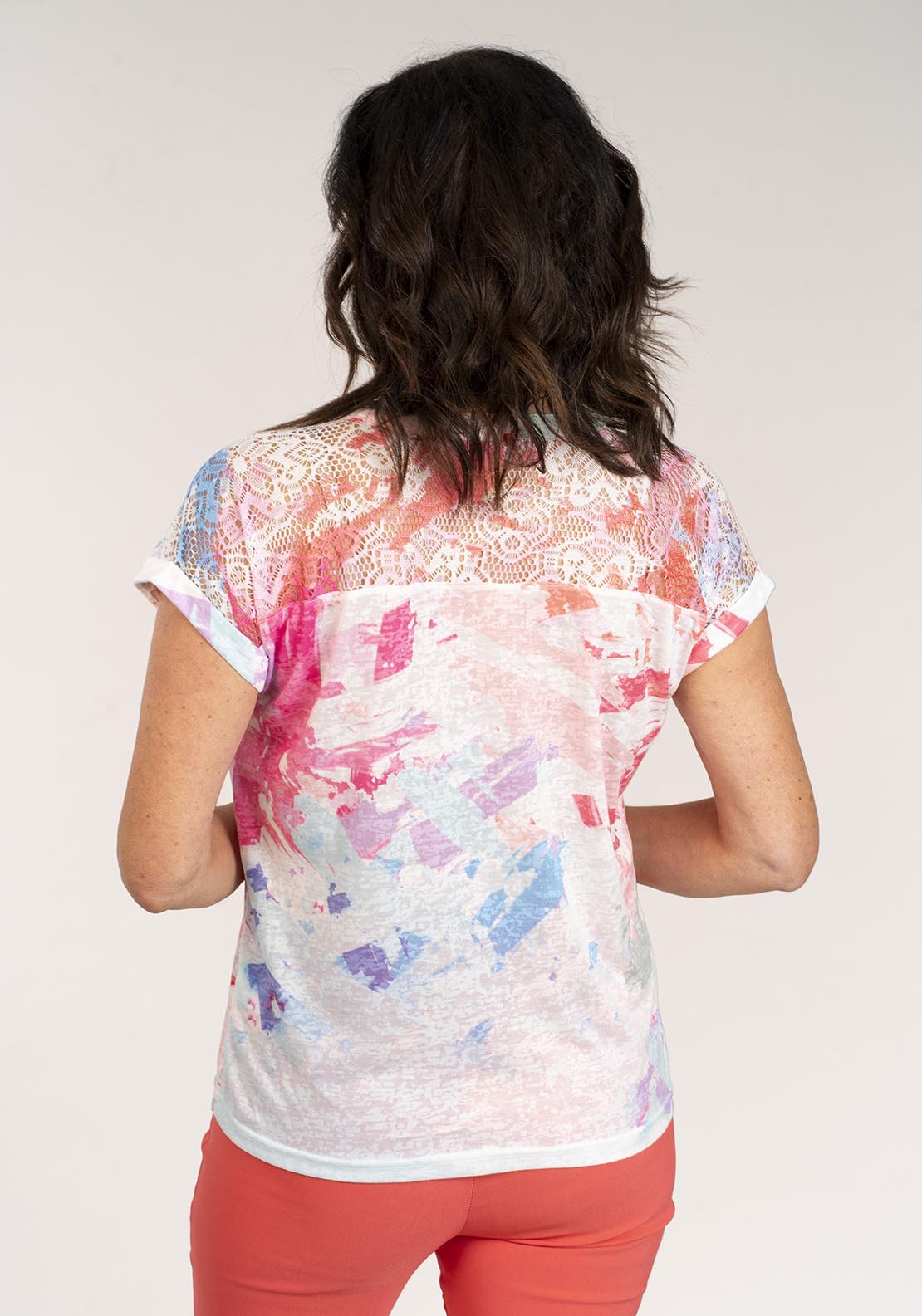 Tea Lane Notch Neck Printed Top W Lace - Fuchsia 5 Shaws Department Stores