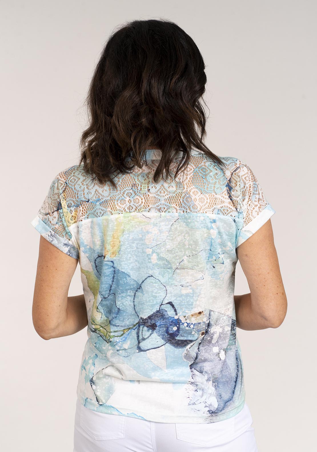 Tea Lane Short Sleeve Notch Neck Printed Top - Blue 3 Shaws Department Stores
