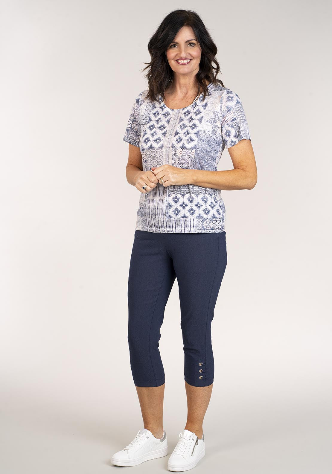 Tea Lane Short Sleeve Top Abstract Geo Print - Blue 2 Shaws Department Stores