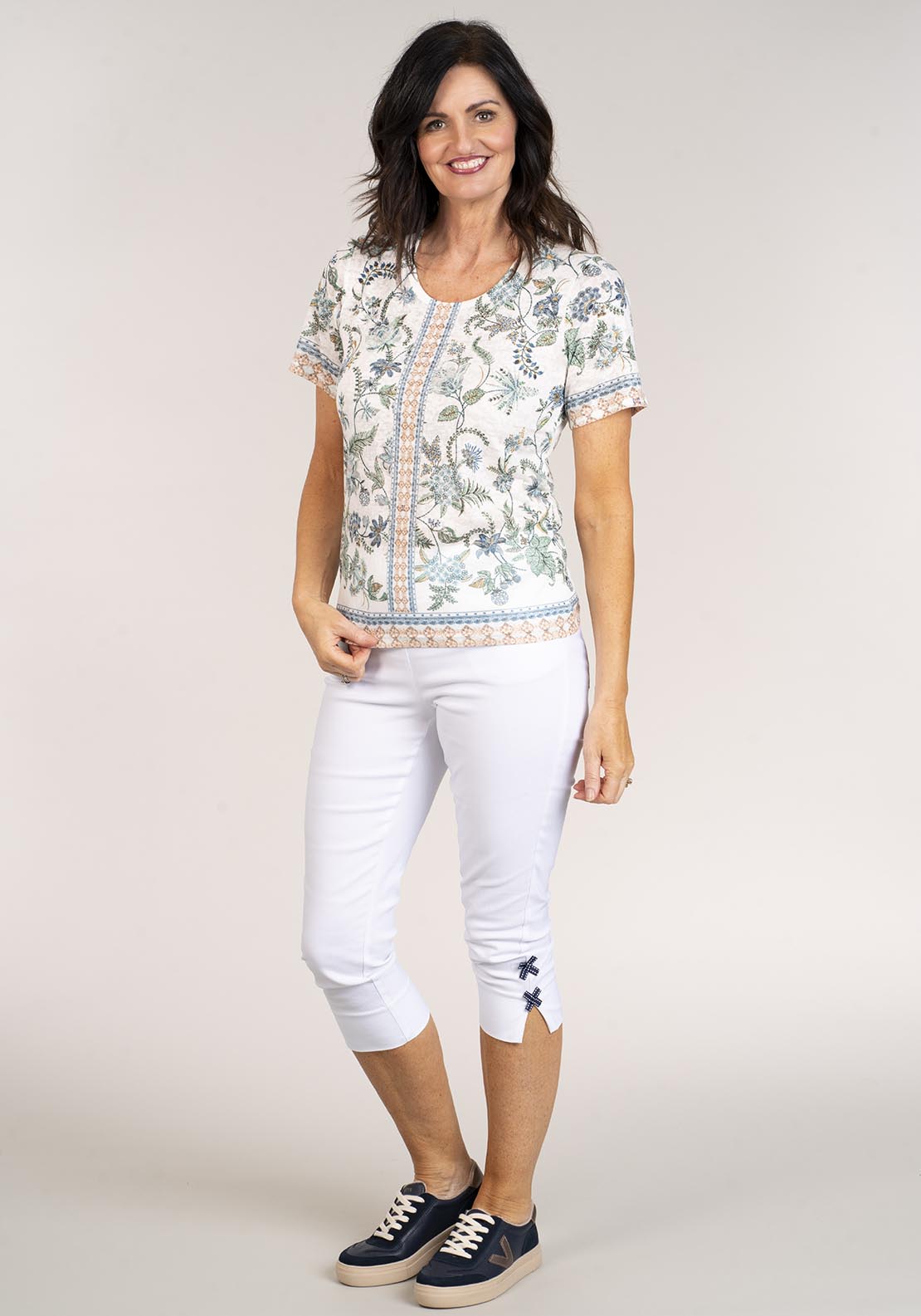 Tea Lane Short Sleeve Top Border Print - Green 2 Shaws Department Stores