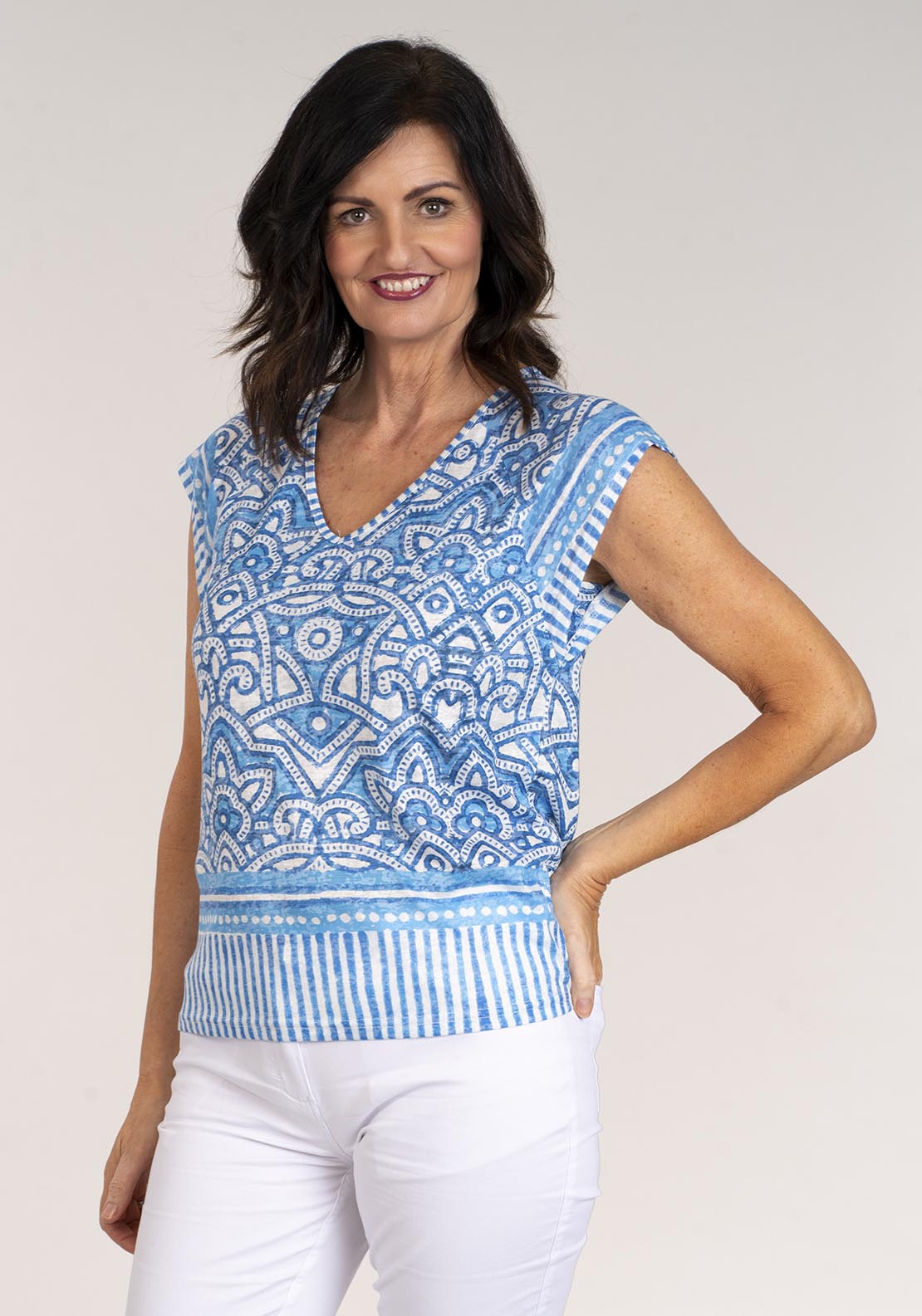 Tea Lane V-neck Abstract Print Top - Blue 1 Shaws Department Stores