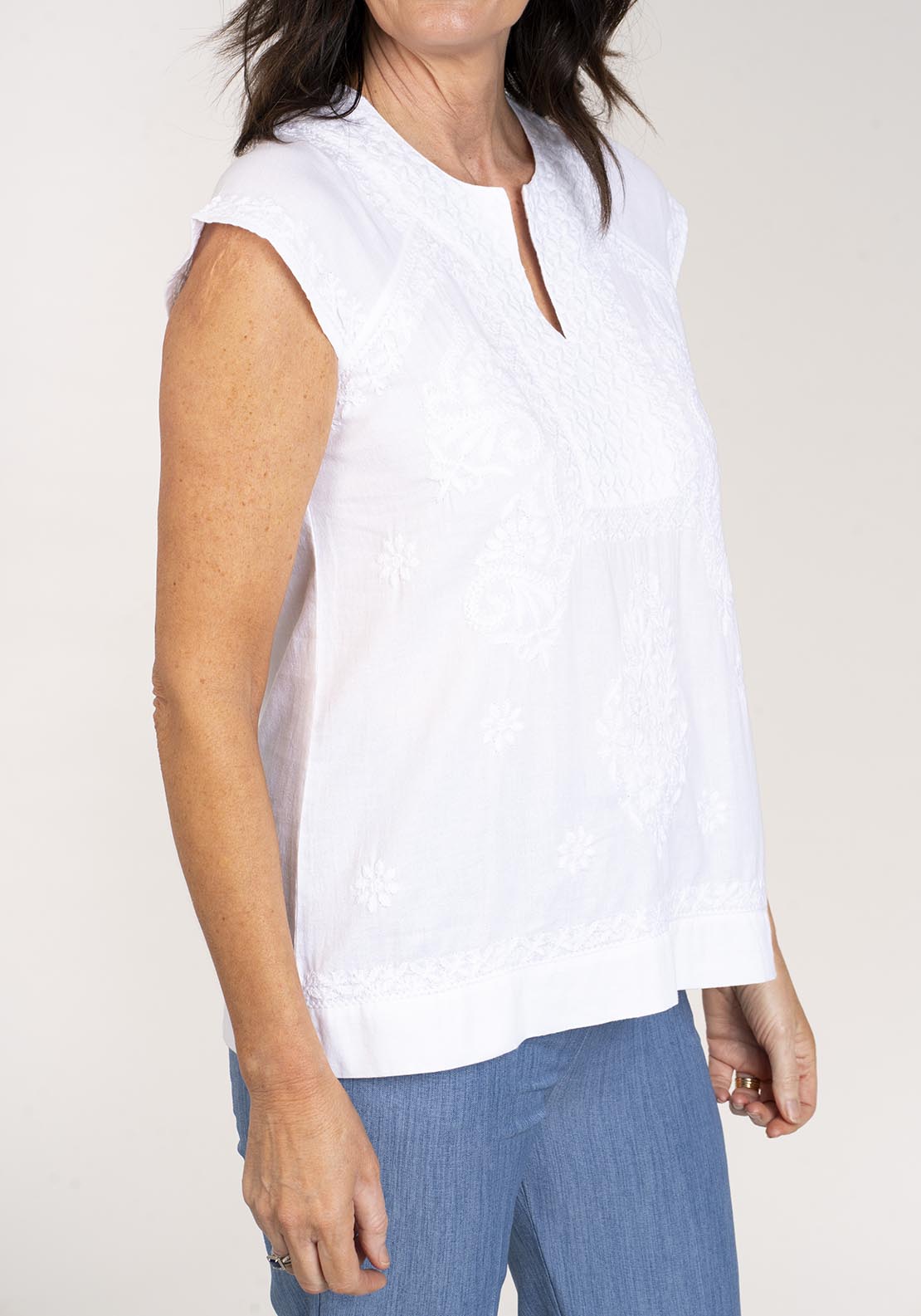 Tea Lane Short Sleeve Embroidered Top - White 5 Shaws Department Stores