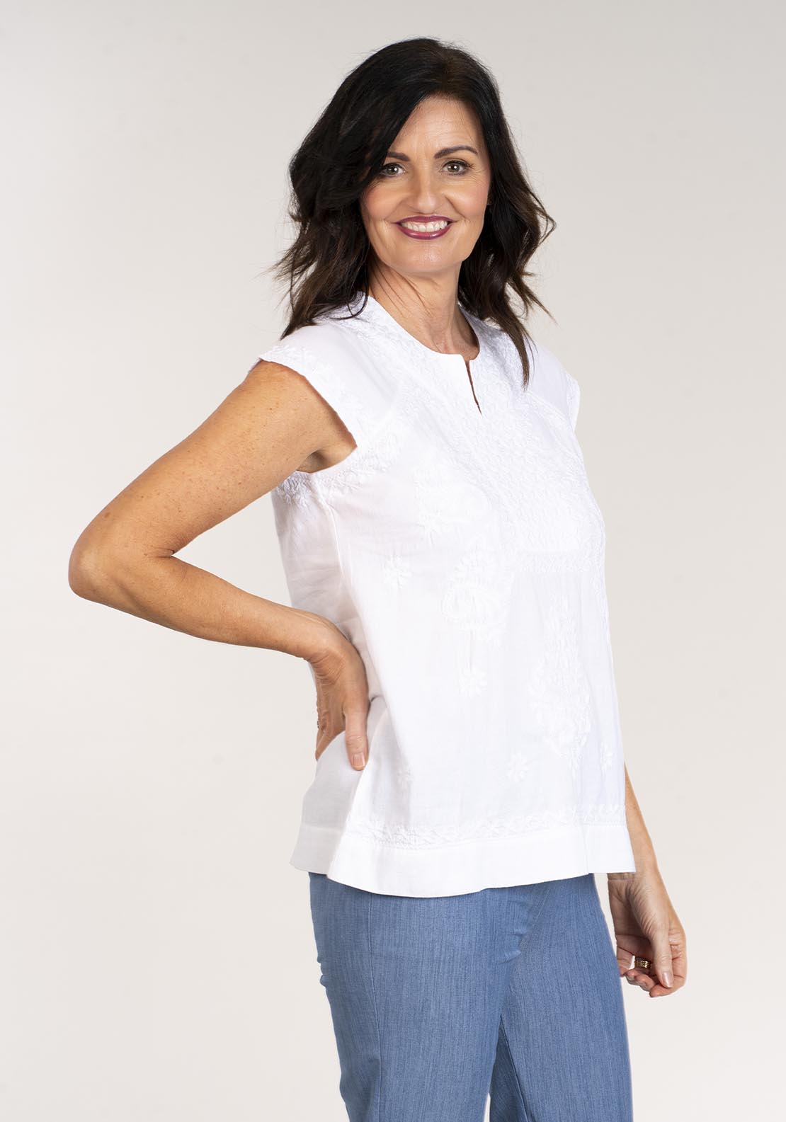 Tea Lane Short Sleeve Embroidered Top - White 4 Shaws Department Stores