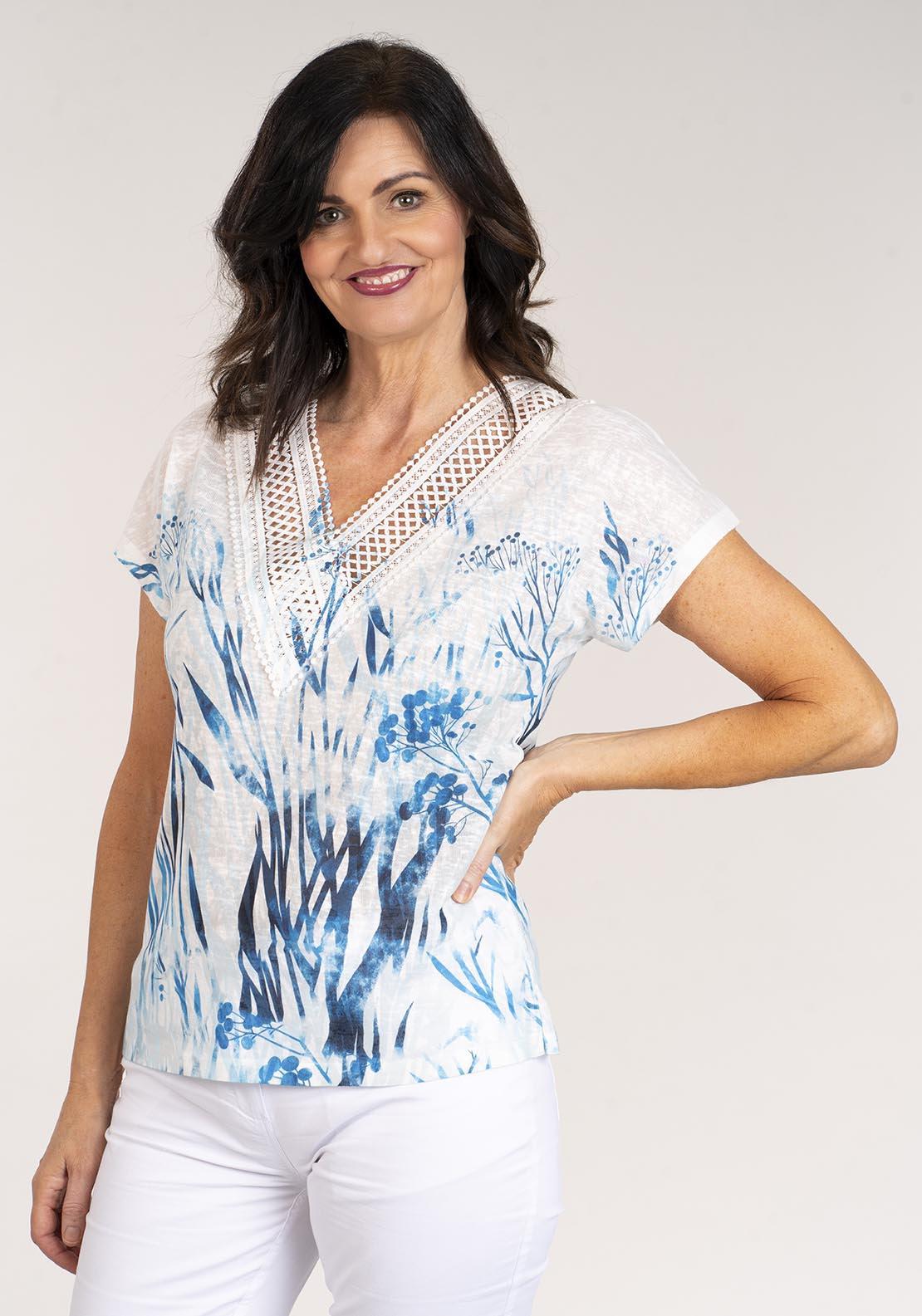 Tea Lane Short Sleeve v-neck Top Lace Trim - Blue 2 Shaws Department Stores