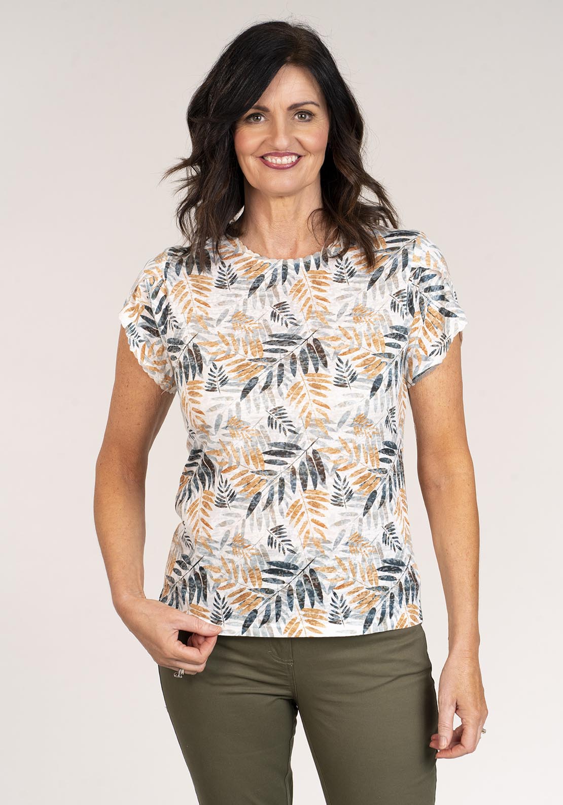 Tea Lane Short Sleeve Round Neck Leaf Print Top - Green 2 Shaws Department Stores