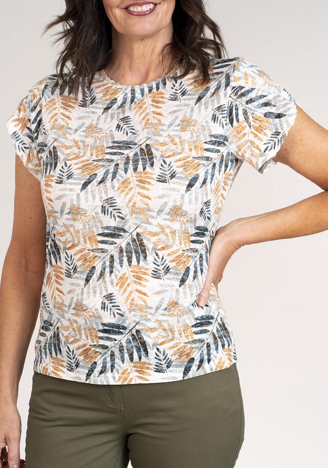 Tea Lane Short Sleeve Round Neck Leaf Print Top - Green 3 Shaws Department Stores