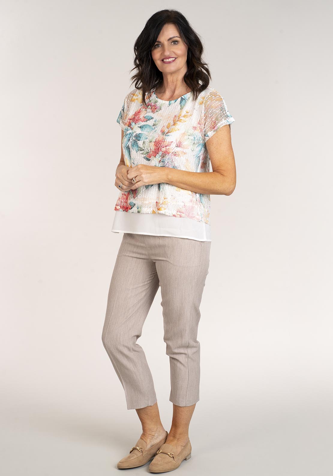 Tea Lane Short Sleeve Leaf Print Mesh Top - Blue 4 Shaws Department Stores